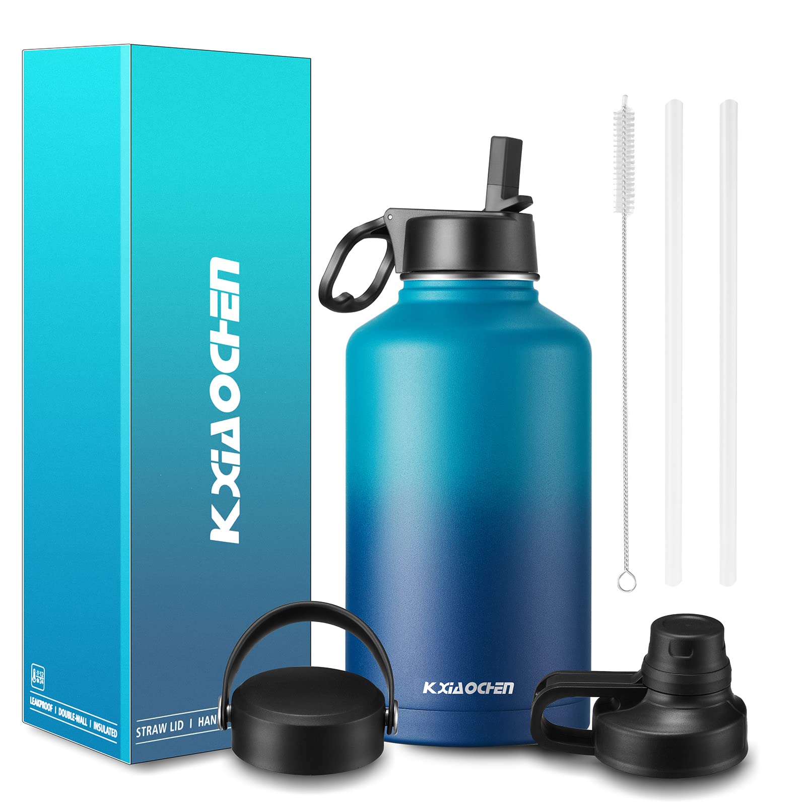 64 oz Insulated Stainless Steel Water Bottle with Straw - Half Gallon Double Walled Metal Flask Jug - 3 Lids (Straw, Spout & Handle) - Wide Mouth Leakproof Canteen (Dark Night) - Perfect for Gym, Hiking, Camping & Outdoor Activities