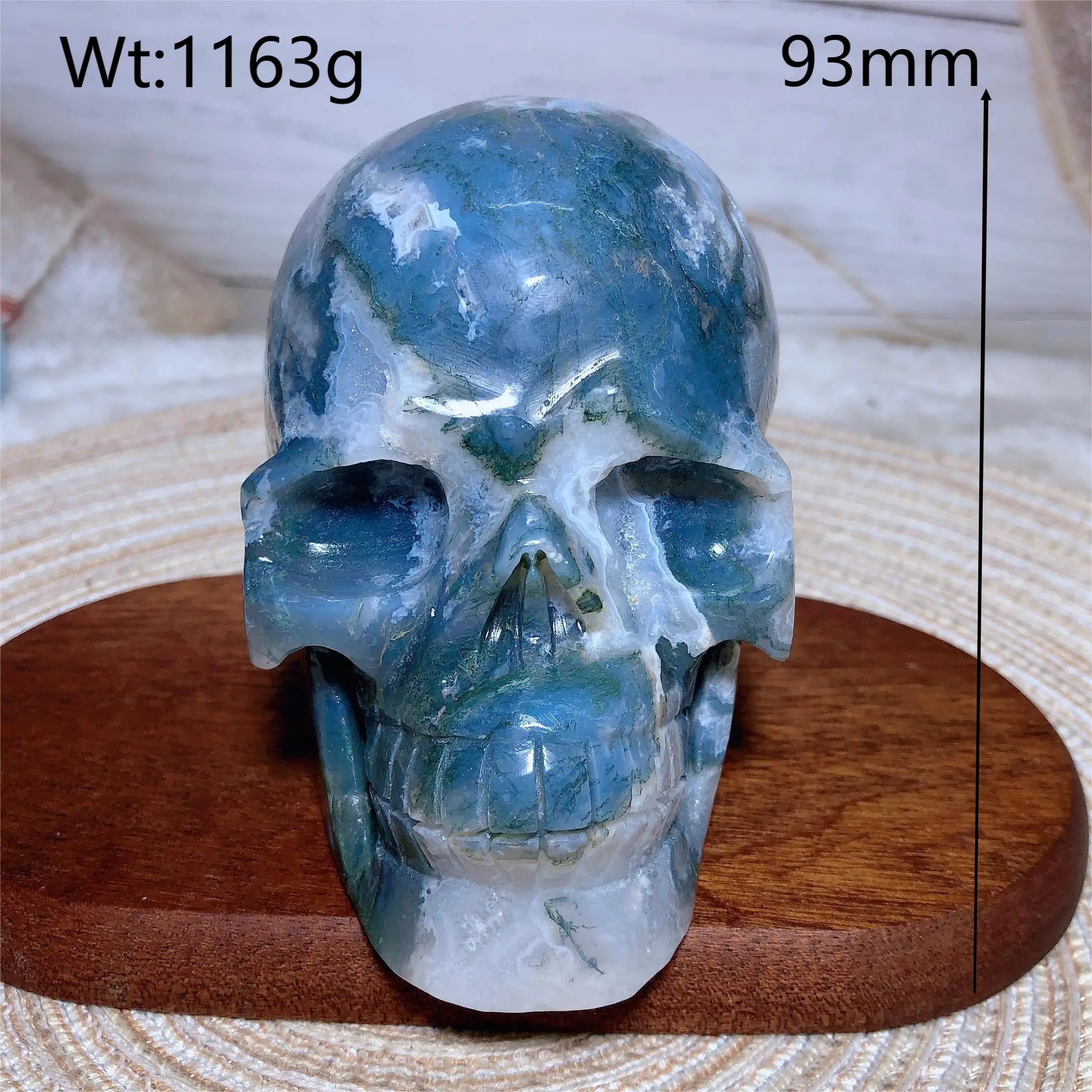 Natural Crystal Moss Agate Skull Carving - Polished Healing Stone for Home Decor, Meditation & Spiritual Energy - Perfect for Yoga Spaces, Altars & Gift Giving