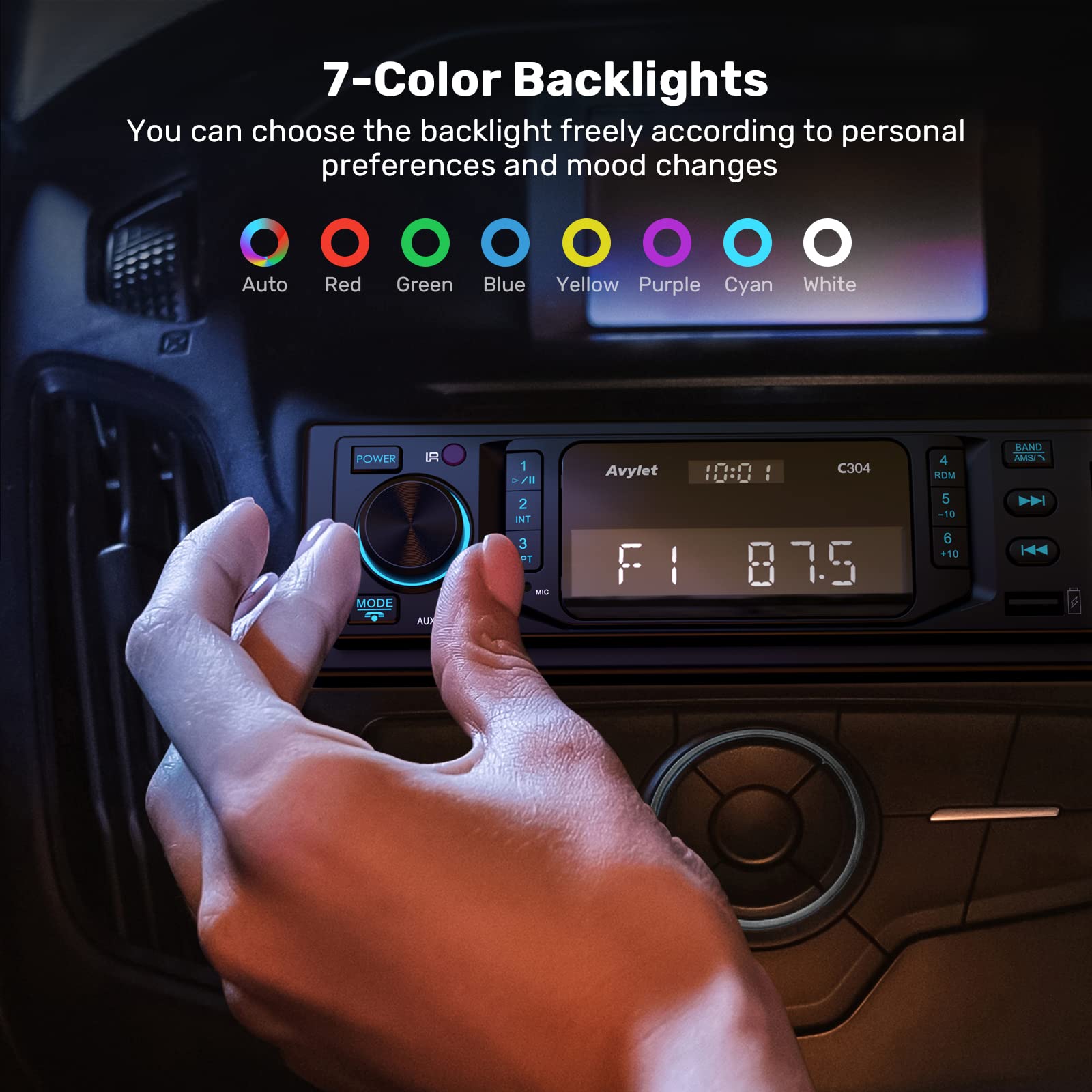Avylet 1 DIN Car Stereo with Bluetooth 5.0 - RDS/FM/AM Radio, Hands-Free Calling, 7 Color Display, 2 USB Ports, AUX/MP3 Support (30 Presets) - Perfect for Commuting & Road Trips