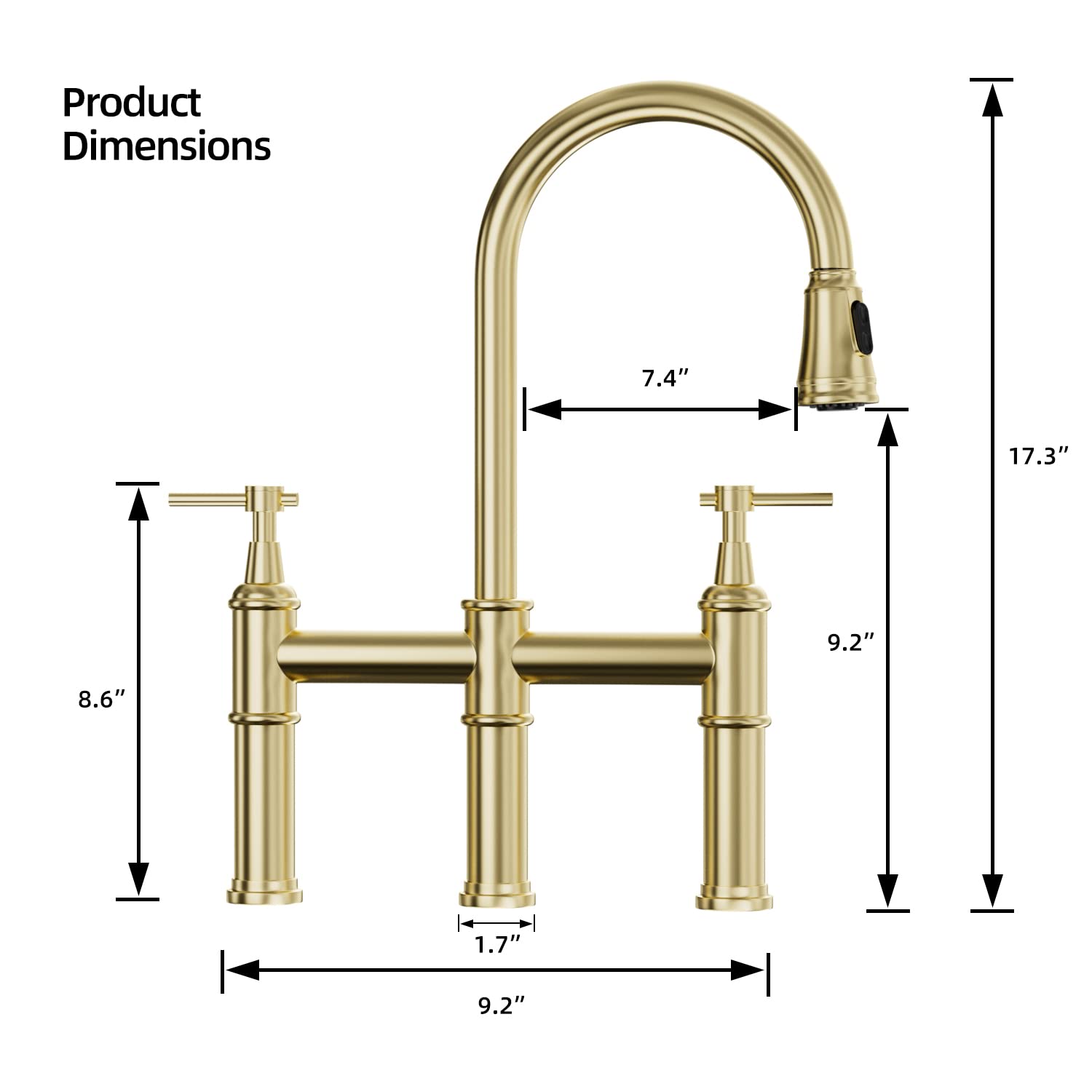 Modern 3-Hole Bridge Kitchen Faucet with Pull Down Sprayer - Brushed Gold Stainless Steel, 2-Handle Swivel Spout for Easy Cleaning - Perfect for Farmhouse, RV & Apartment Kitchens