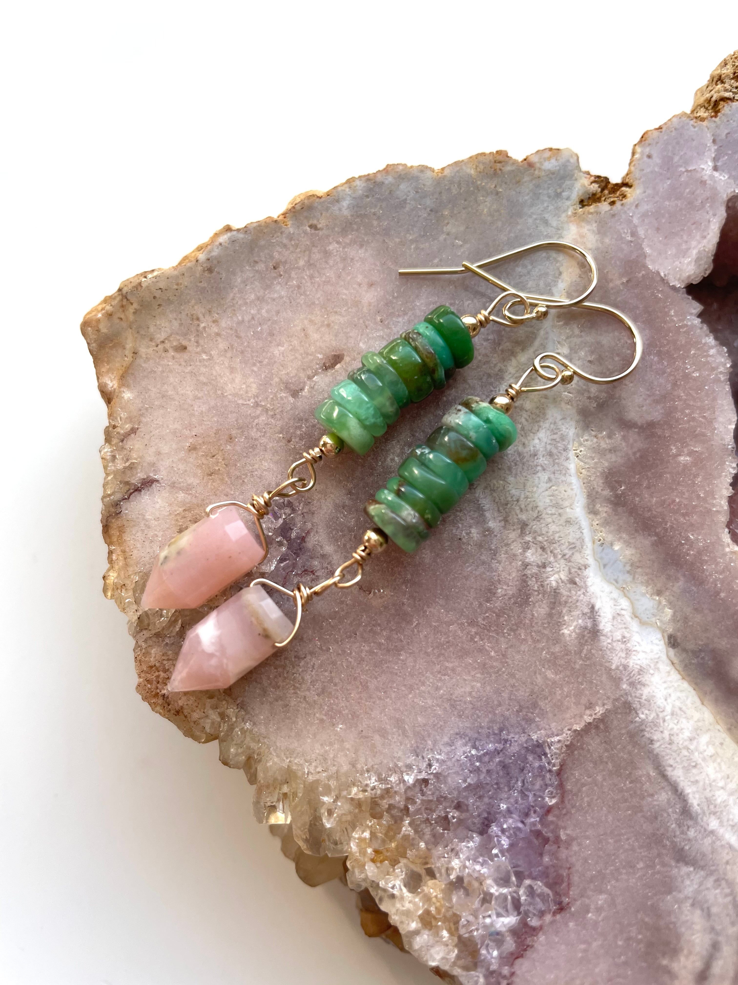 Raw Crystal Earrings - Pink Opal Points & Chrysoprase Gold Filled Dangle Earrings for Women | Boho Chic Jewelry for Everyday Wear, Meditation & Healing