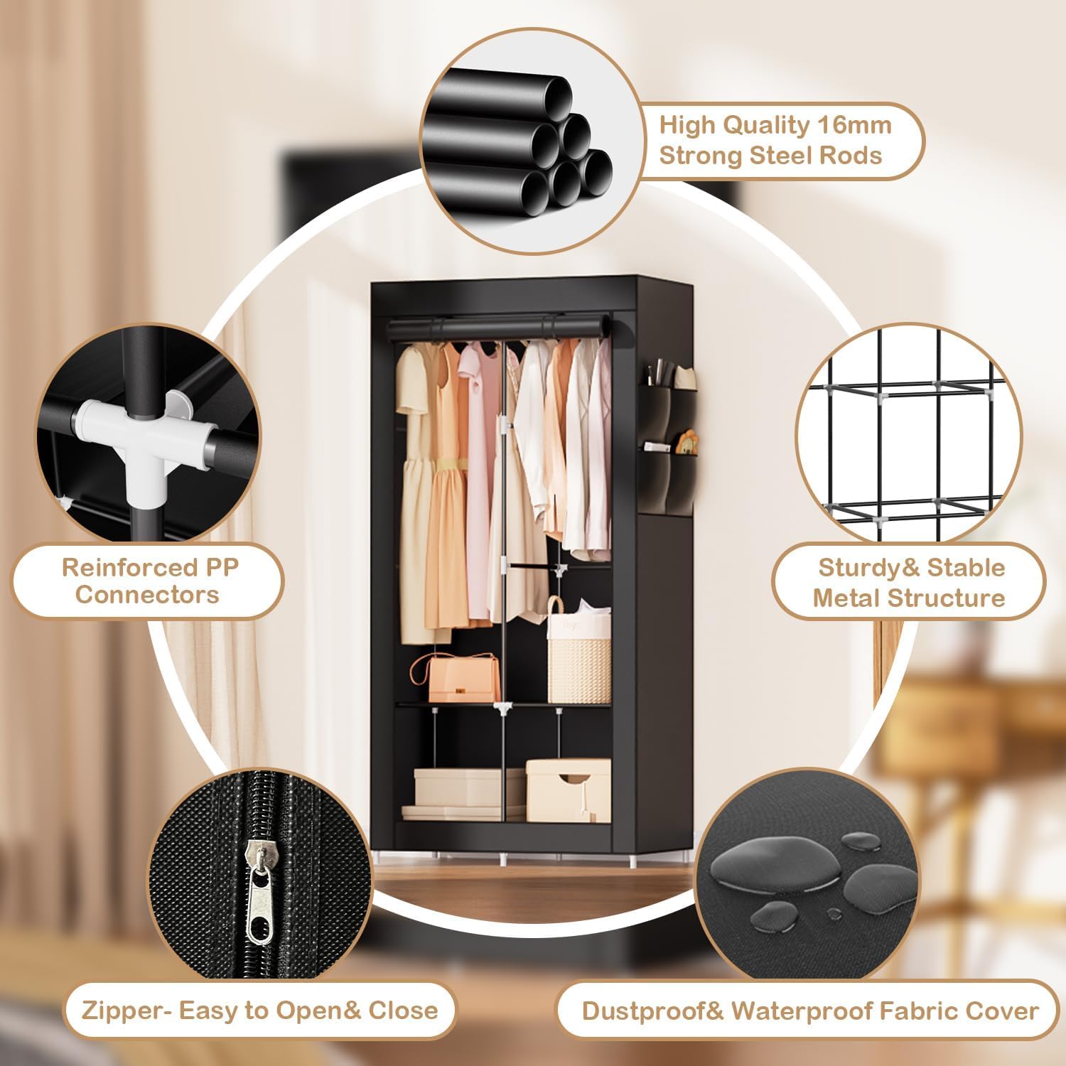 Portable Closet Wardrobe with 2 Hanging Rods & 4 Shelves - Foldable Clothes Organizer with Cover for Bedroom, Dorm, Travel - Non-Woven Fabric Storage Solution for Hanging Clothes & Accessories