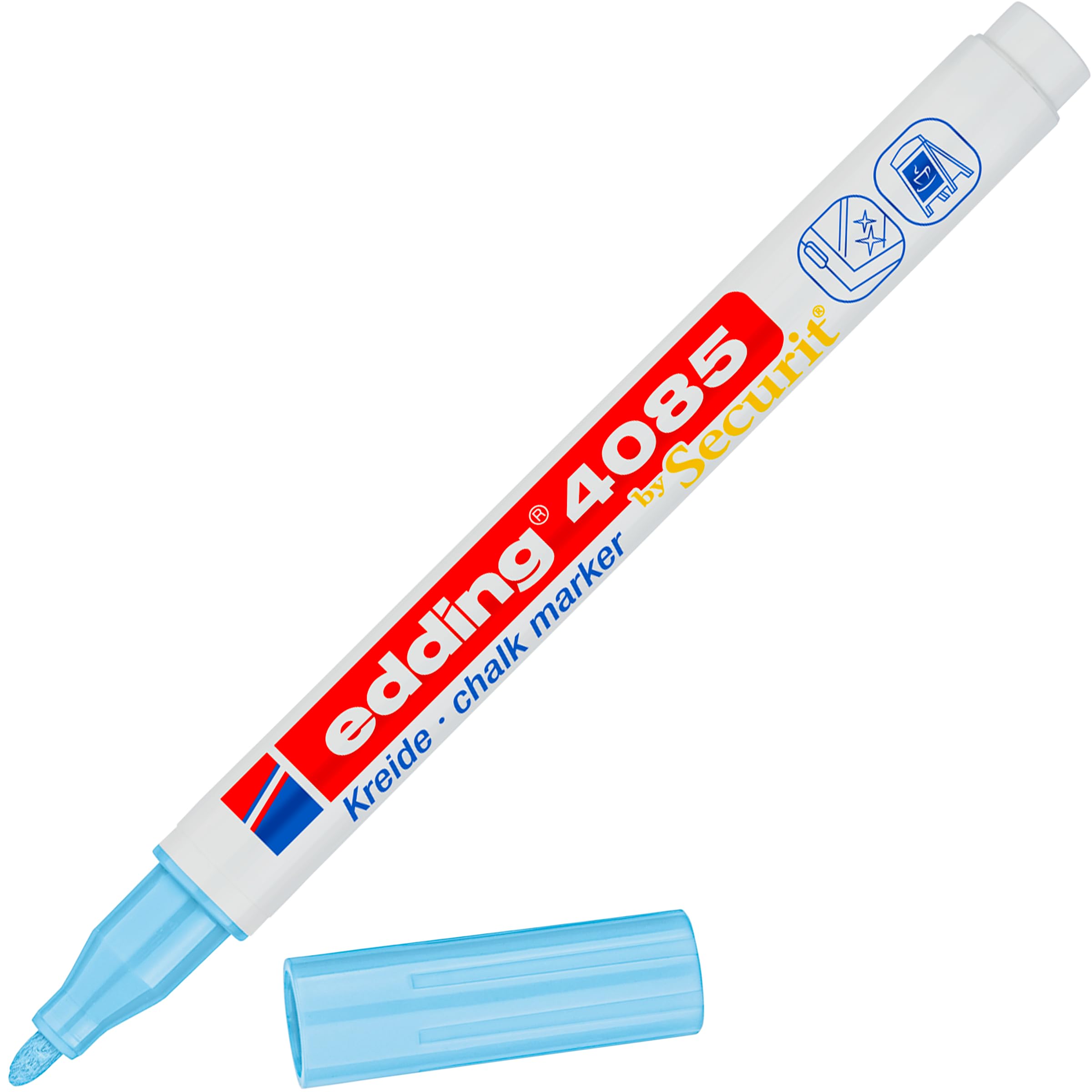 Edding 4085 Chalk Marker - Pastel Blue - 1 Fine Tip Chalk Pen (1-2mm Round Nib) - Wet Erase Liquid Chalk Marker for Chalkboards, Windows, Glass & Mirrors - Opaque Coverage - Perfect for Restaurants, Cafes, Retail Signs & DIY Home Decor