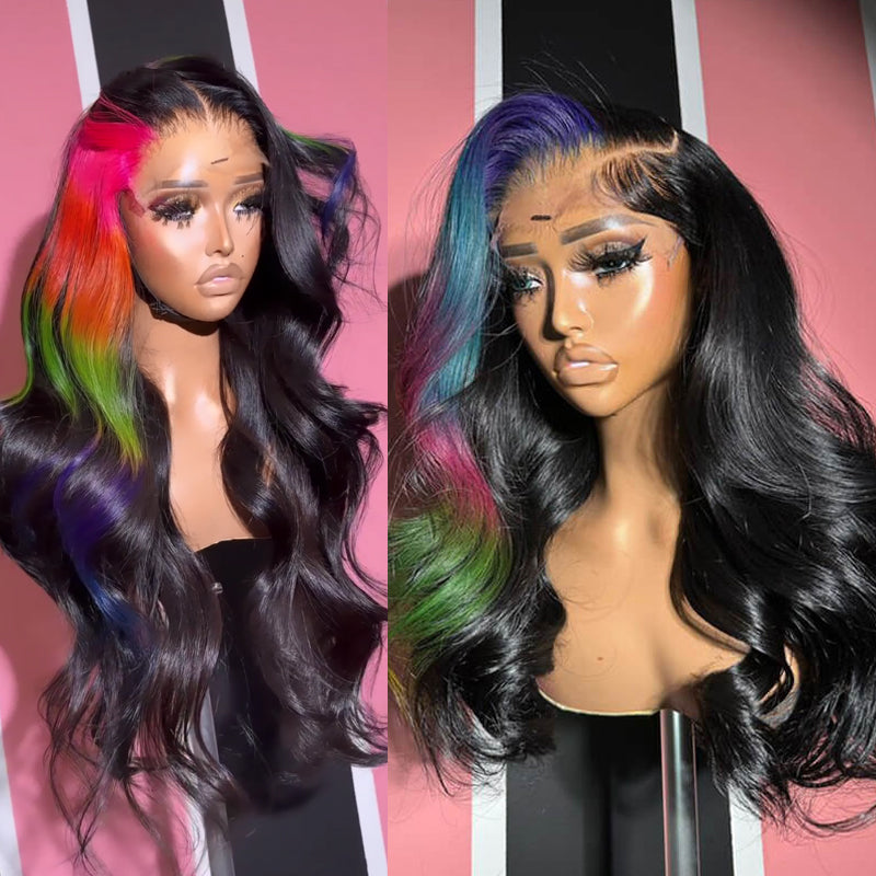 Eullair Multi-Colored Lace Front Wig - Body Wave Human Hair with Blue, Orange & Green Highlights - Pre-Plucked 180% Density Lace Frontal Wigs for Women | Perfect for Cosplay, Parties & Fashion Styling