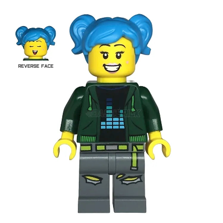 LEGO Minifigure Female - Poppy Starr with Dark Green Hoodie & Blue Hair - Collectible Building Toy for Kids & Adults - Perfect for Play, Display & Gifts