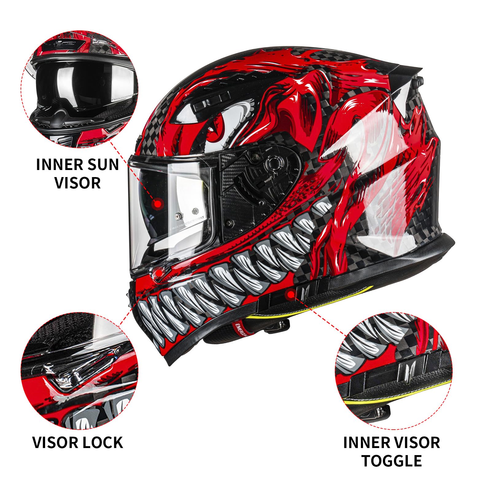 Carbon Fiber Full Face Motorcycle Helmet FA-602 - DOT Approved Dual Visor Racing Helmet for Street Bike & ATV - Unisex Adult (Monstrous Red, XXL) - Perfect for Mountain Racing & Urban Commuting