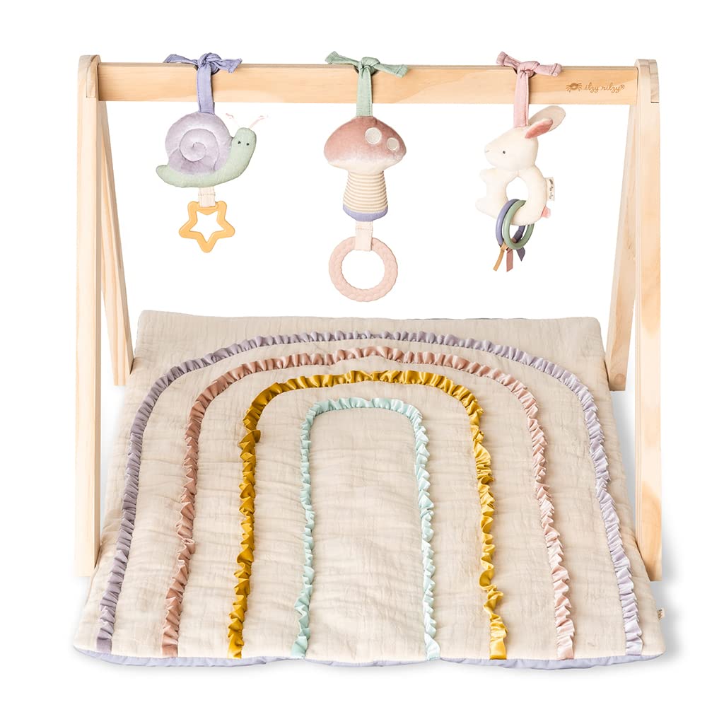 ITZY RITZY Wooden Baby Activity Gym with Quilted Play Mat & 3 Removable Toys - Pastel Rainbow Montessori Play Gym for Newborns & Infants - Perfect for Tummy Time, Sensory Play & Early Development
