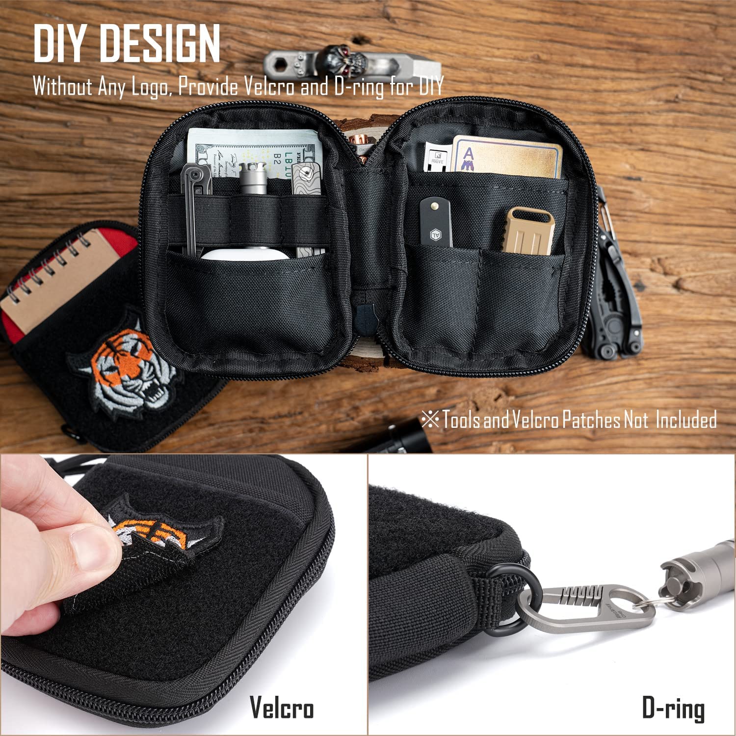 EDC Pouch Pocket Organizer - Small Nylon Tool Bag with Hook & Loop Panel, D-Ring Keychain - Compact Multitool Pouch for Everyday Carry (TK05-Black) - Perfect for Camping, Hiking & Outdoor Gear Organization
