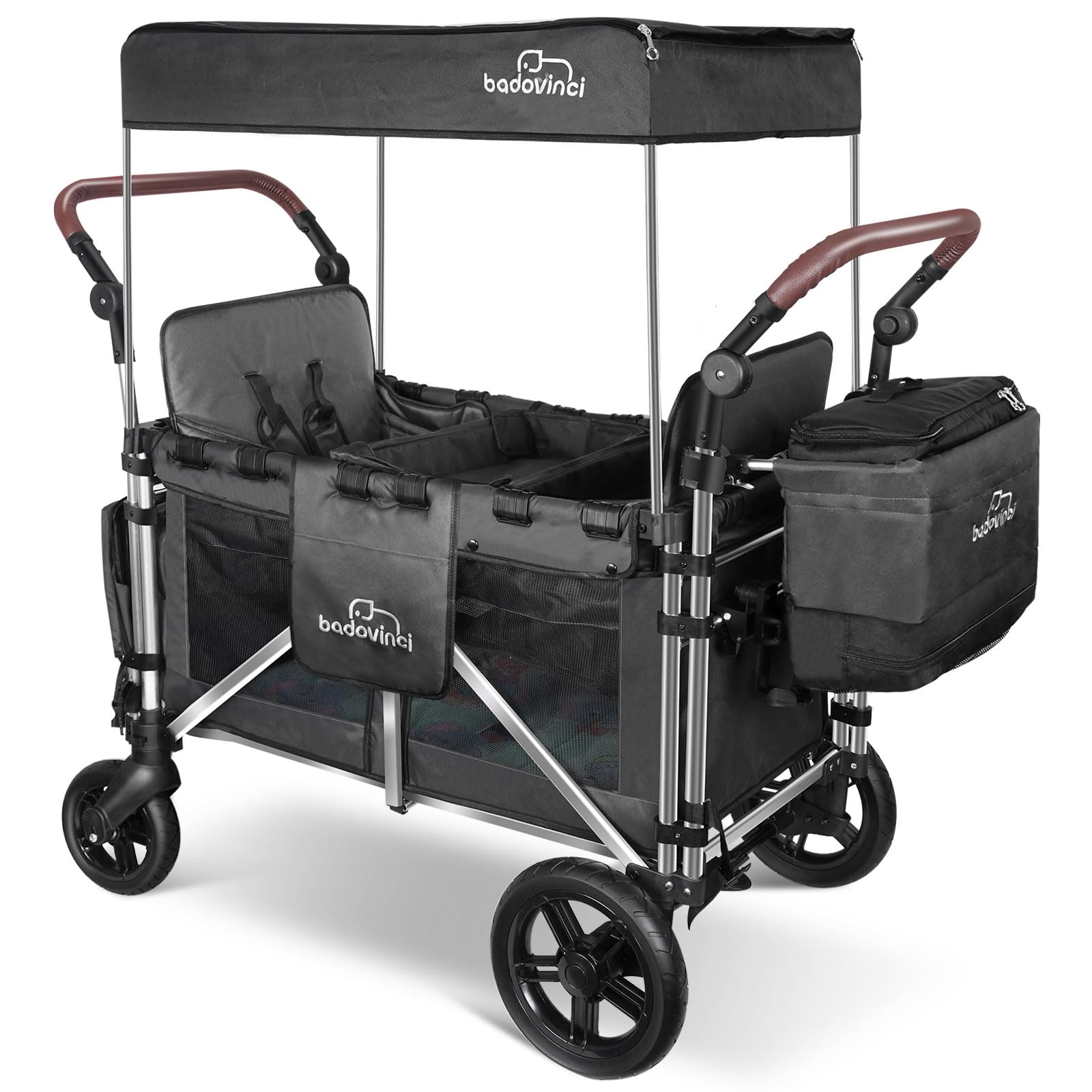 Best Double Stroller Wagon for 2 Kids - 2 High Seats with 5-Point Safety Harnesses & Adjustable Canopy - Foldable Push-Pull Wagon Cart for Outdoor, Camping, Shopping, Beach Trips and Family Adventures