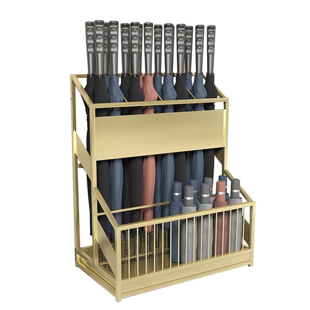 Large Iron Umbrella Stand Holder for 30-50 Umbrellas - Freestanding Hallway Entrance Organizer with Drip Tray, Gold (48x27x58cm) - Perfect for Home, Office, Restaurant & Hotel Entryways