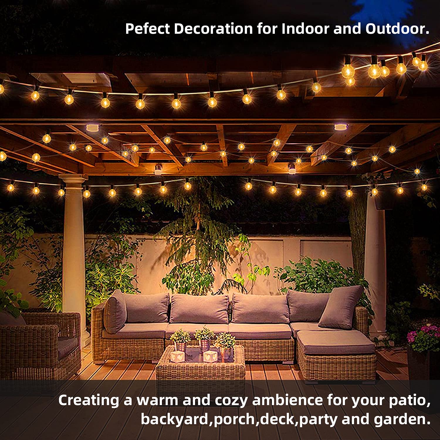 50ft G40 LED Outdoor String Lights - 26 Shatterproof & Waterproof Bulbs, Dimmable Hanging Globe Lights for Patio, Cafe, Bistro, Backyard, Garden & Wedding Decor