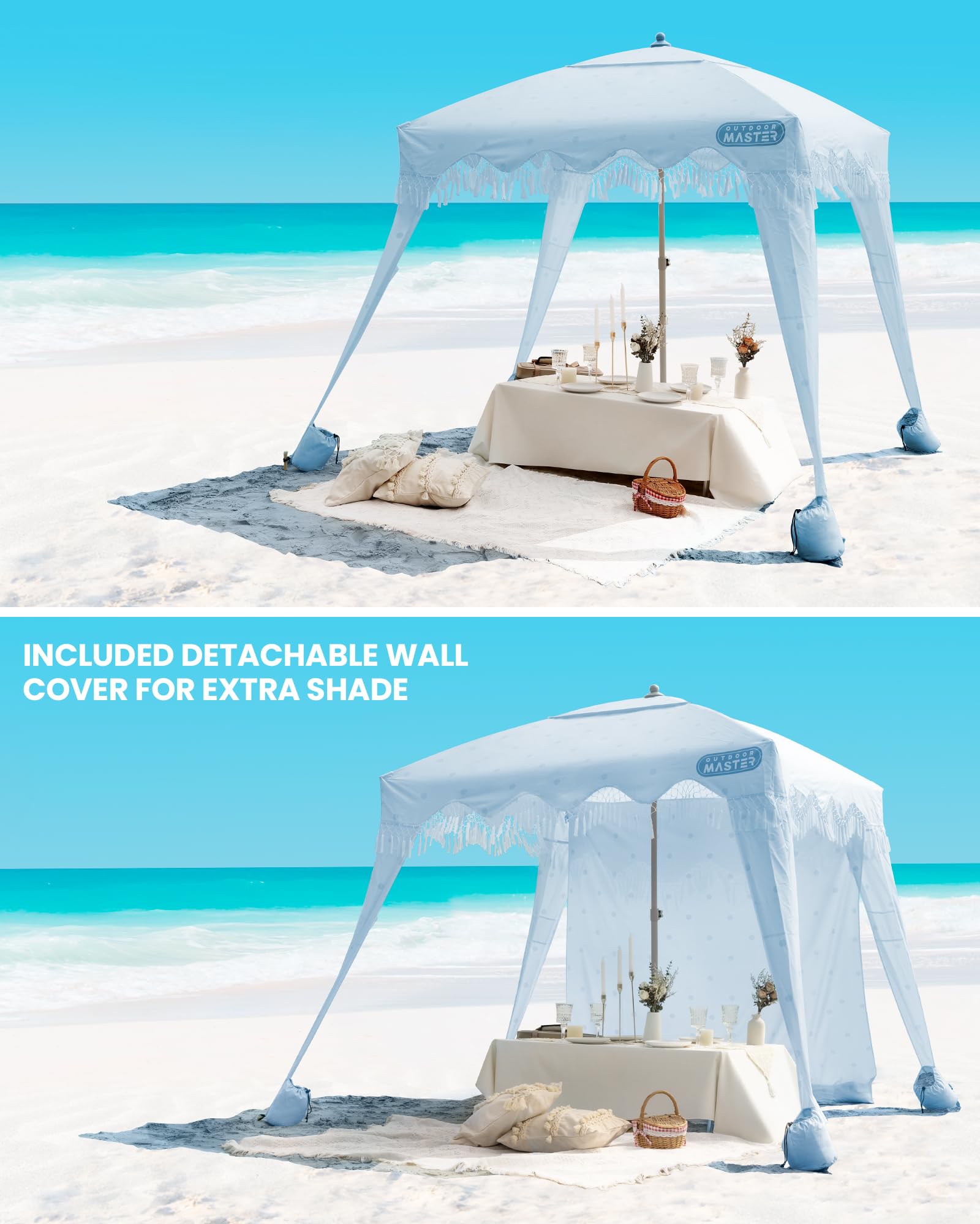 OutdoorMaster 6' x 6' Portable Beach Cabana with Fringe & Side Wall - UPF 50+ UV Protection Sun Canopy for Family, Kids & Friends - Easy Setup Beach Shelter for Picnics, Camping & Outdoor Activities - Wave Point Design