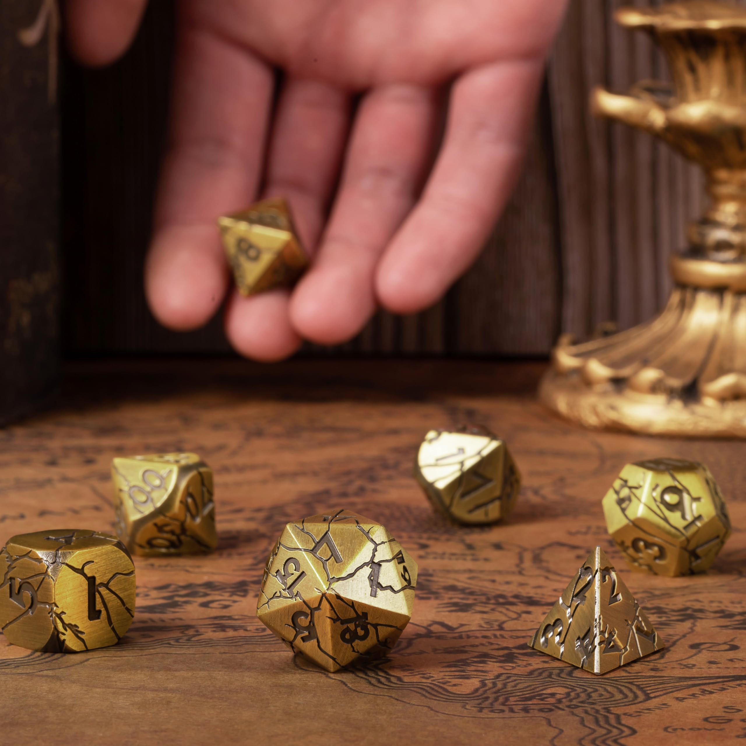 DND Metal Dice Set - Ancient Gold Ruins Cracked Polyhedral Dice for RPG, D&D, Pathfinder & Tabletop Games - Premium Dungeons and Dragons Dice for Fantasy Roleplaying & Collectors