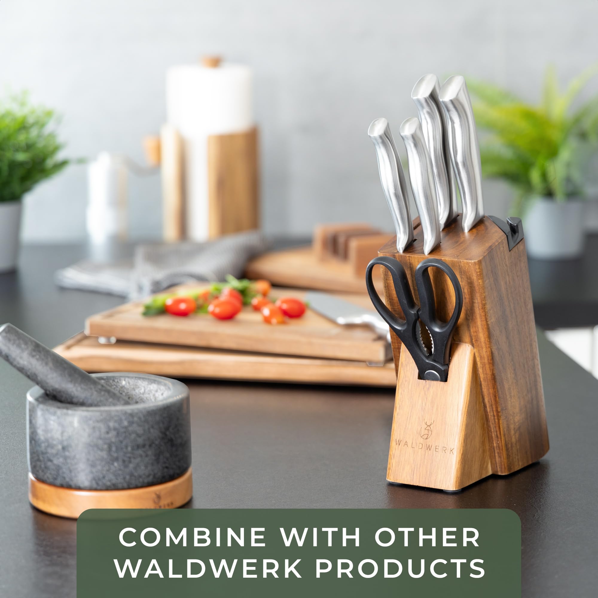 Premium WALDWERK 7-Piece Kitchen Knife Set with Wooden Block & Built-in Sharpener - High-Quality Stainless Steel Knives for Chefs & Home Cooking - Perfect for Slicing, Dicing & Meal Prep