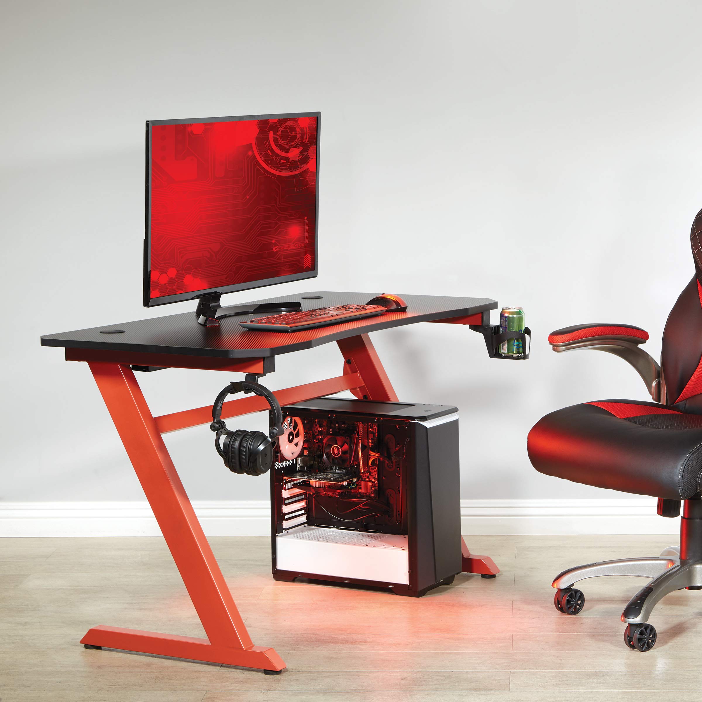 OSP Home Furnishings Ghost Battlestation Gaming Desk - Carbon Fiber Surface, Matte Black Top & Red Legs with Accessories | Perfect for PC Gaming Setup, Streaming & Home Office Workspace