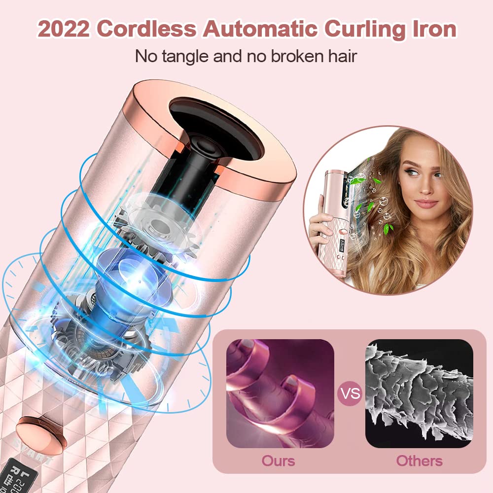 Automatic Curling Iron - Cordless Auto Hair Curler with 6 Temperature Settings & Timers, USB Rechargeable Ceramic Barrel Curling Wand for Fast Heating, Perfect for Travel, Home & Salon Styling (Great for Beach Waves, Party Hairstyles & Everyday Looks)