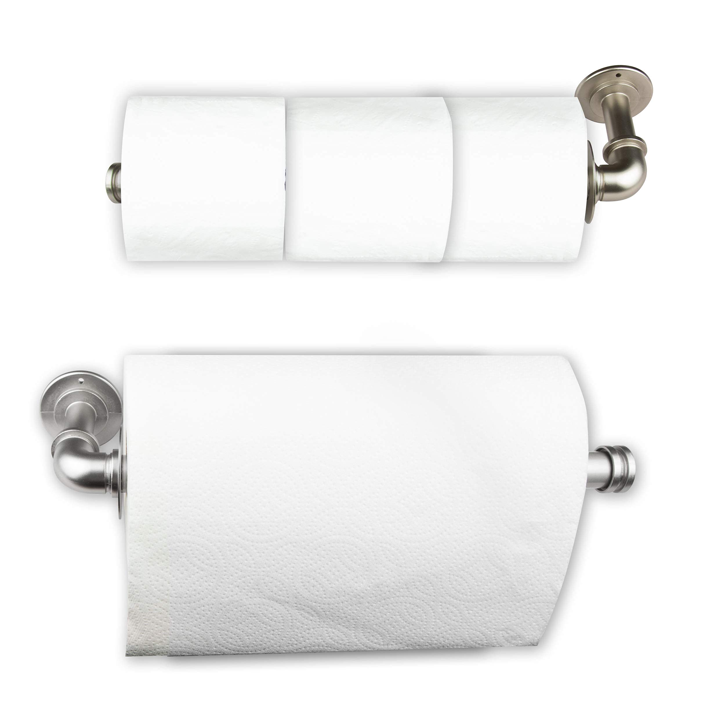 Industrial Pipe Design Triple Toilet Paper Holder & Single Kitchen Towel Rack - Satin Nickel Finish | Bathroom & Kitchen Organization Storage Solution
