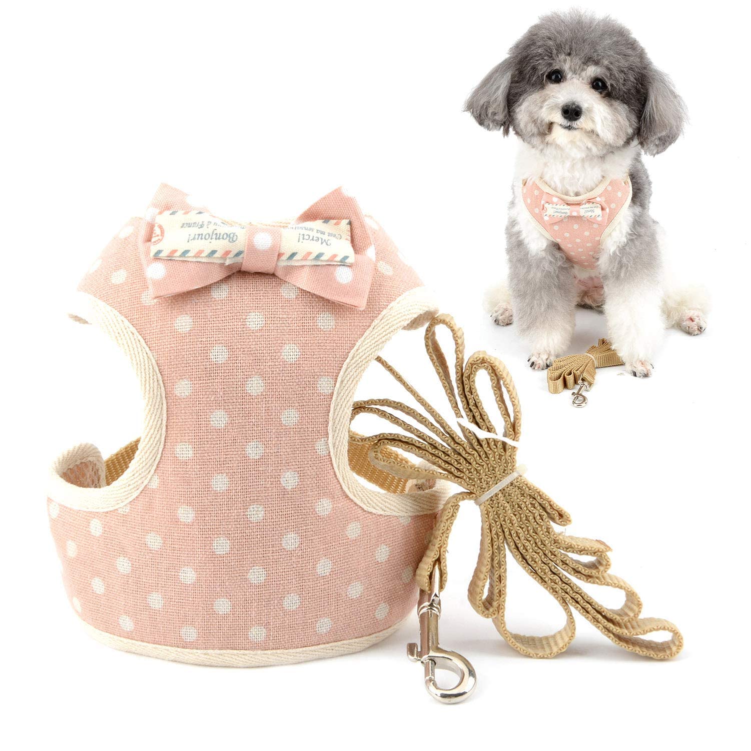 No Pull Small Dog Harness & Leash Set - Escape Proof Adjustable Puppy Vest for Walking - Soft Mesh Padded Cat Harness with Bowknot - Cute Polka Dot Design for Puppia (Pink, Size M, Chest:36) - Perfect for Outdoor Adventures, Training & Daily Walks