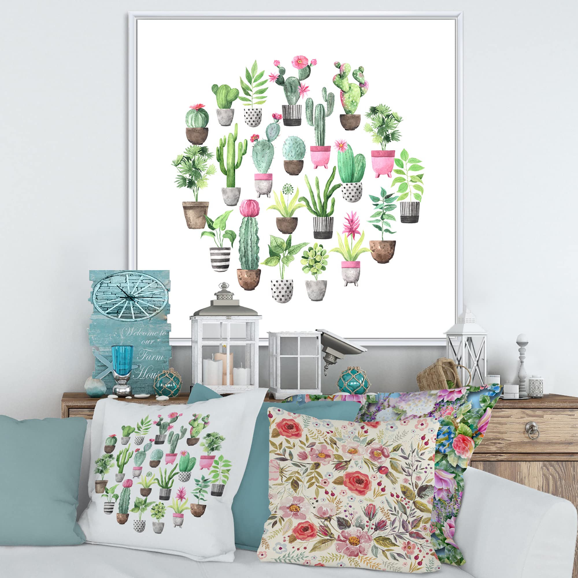 DesignQ Cacti in Ceramic Pots - Traditional Framed Canvas Wall Art Print | Desert Home Decor, Office & Living Room Wall Decor