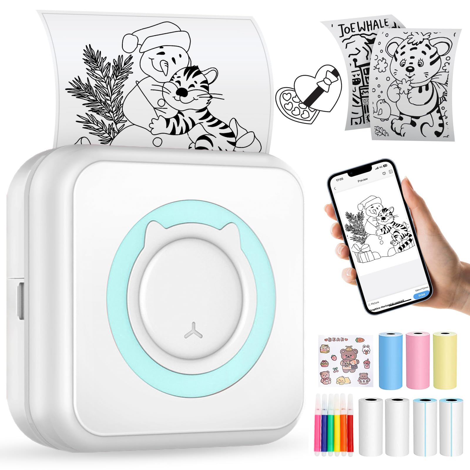 Mini Portable Inkless Thermal Printer - Wireless Bluetooth Pocket Printer for iOS & Android with 7 Paper Rolls | Print Photos, Labels & Memos | Perfect for Home, Office & Travel Organization