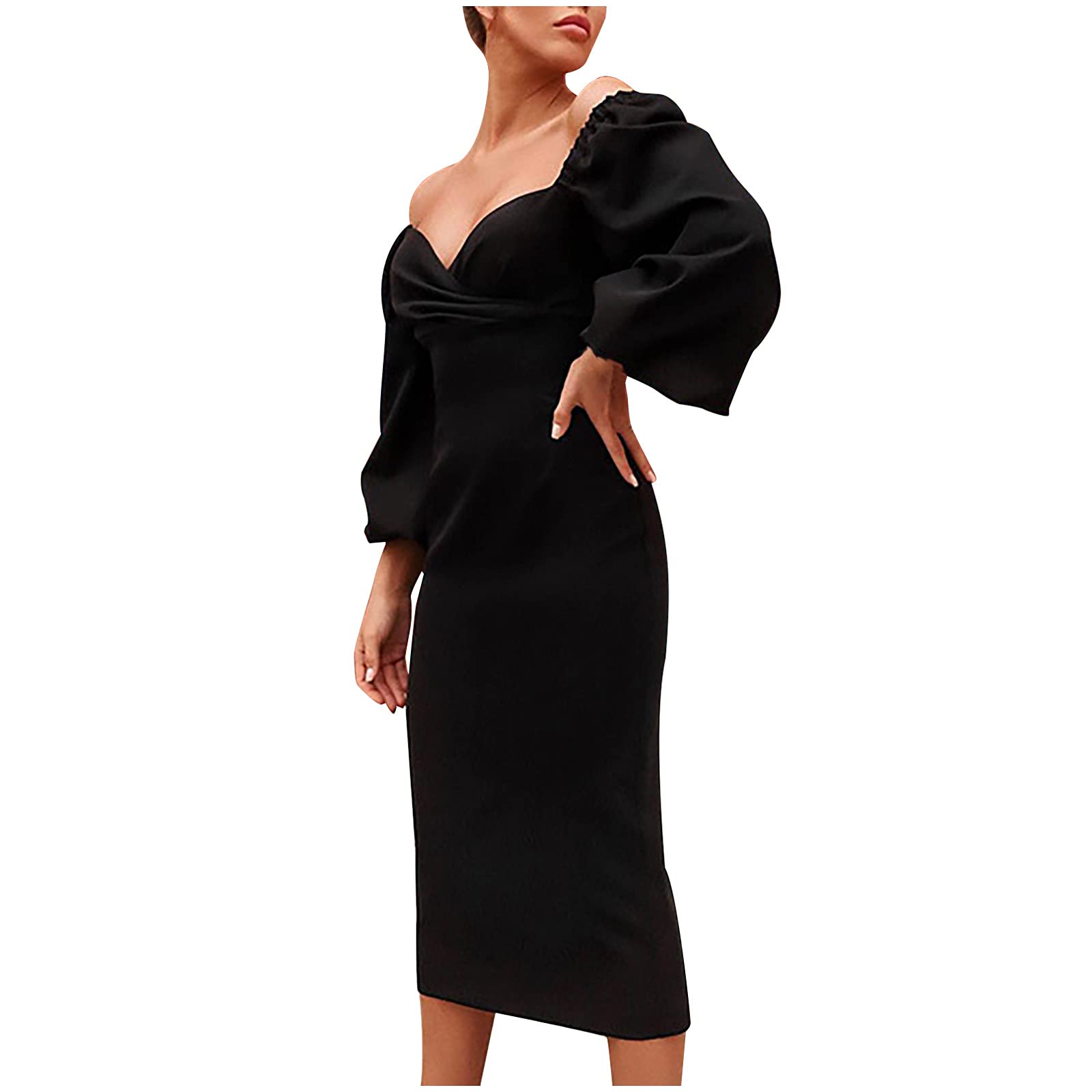 Elegant Women's Puff Sleeve V-Neck Wedding Guest Dress - Retro Solid Formal Evening Gown for Parties, Club Nights & Special Occasions