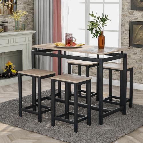 5-Piece Industrial Kitchen Counter Height Dining Table Set with 4 Oak Chairs - Perfect for Small Spaces, Breakfast Nooks & Modern Farmhouse Decor