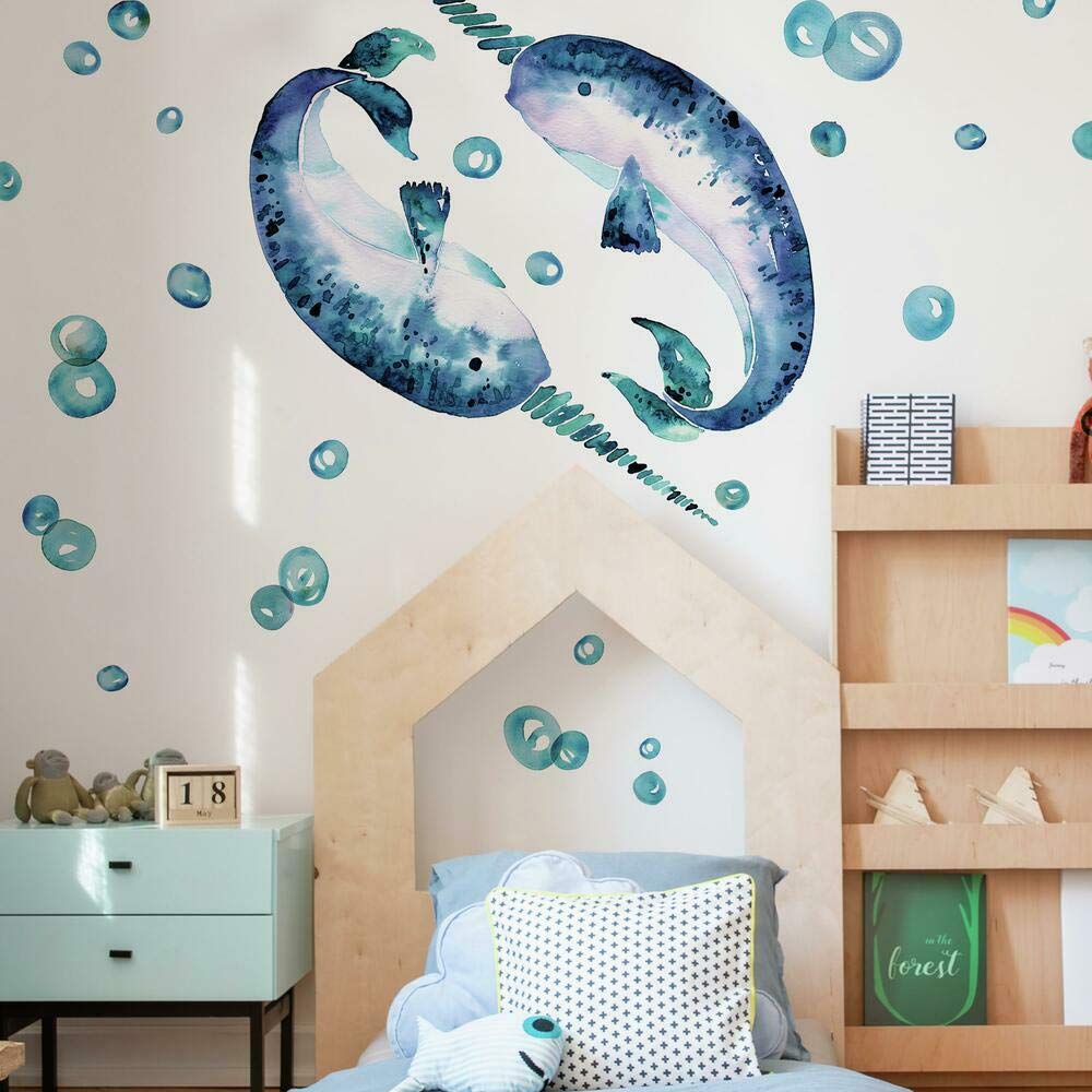 RoomMates RMK4667GM Catcoq Narwhal Giant Peel and Stick Wall Decals - Removable Wall Stickers for Kids Bedroom, Nursery, Playroom & Dorm Decor