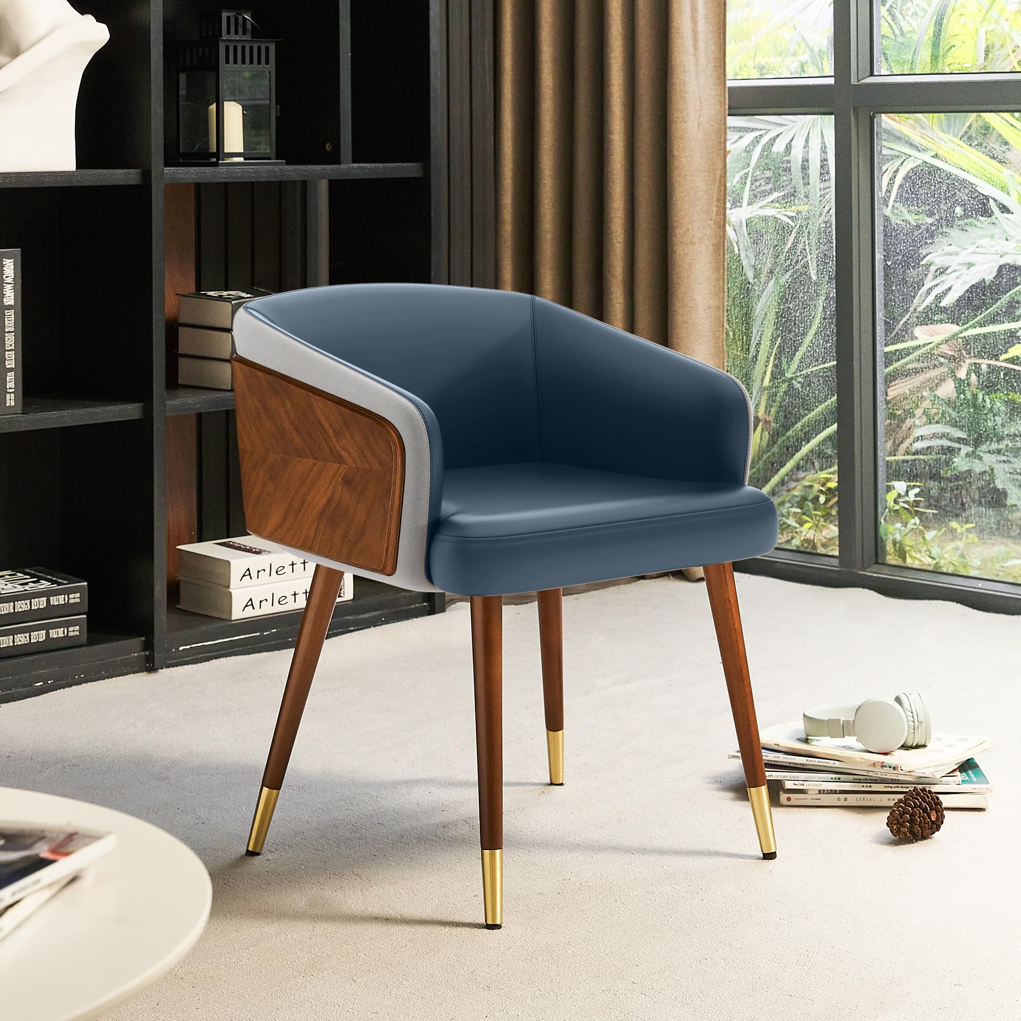ARTPLAN Modern Faux Leather Dining Accent Chair with Walnut Finish - Mid Century Retro Armchair with Eucalyptus Upholstery & Adjustable Metal Legs - Navy Blue Kitchen & Dining Room Chair for Home Decor