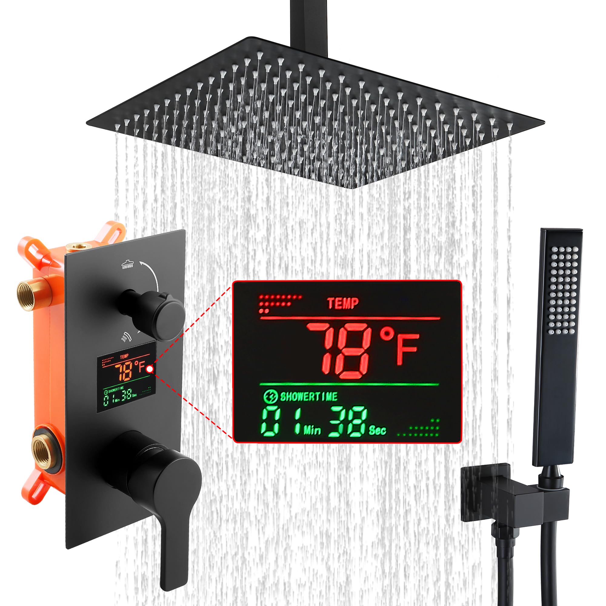 SKWOLL Matte Black Shower Faucet Set - 12 Inch Ceiling Mount Rain Shower Head with Digital LCD Display & 2 Function Valve Kit | Modern Bathroom Upgrade for Spa-Like Experience