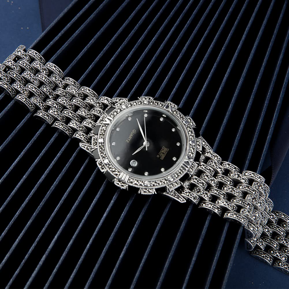 Men's Luxury Thai 925 Sterling Silver Marcasite Wrist Watch - Black 21CM Band - Elegant Dress Watch for Formal Events & Business Occasions