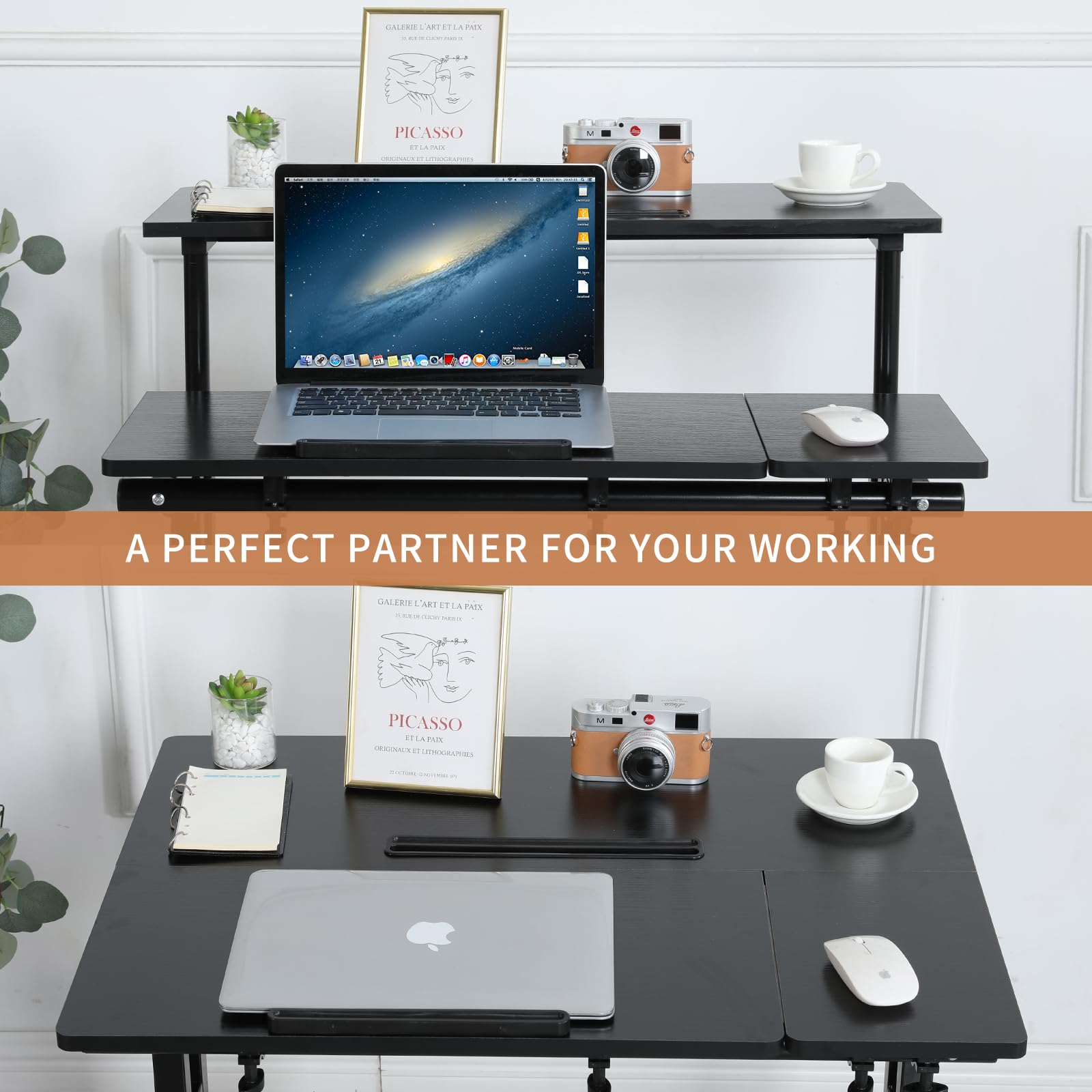 Adjustable Mobile Computer Desk Cart with Wheels - Portable Standing & Sitting Workstation for Home Office - Black - Ideal for Remote Work, Gaming & Study Spaces