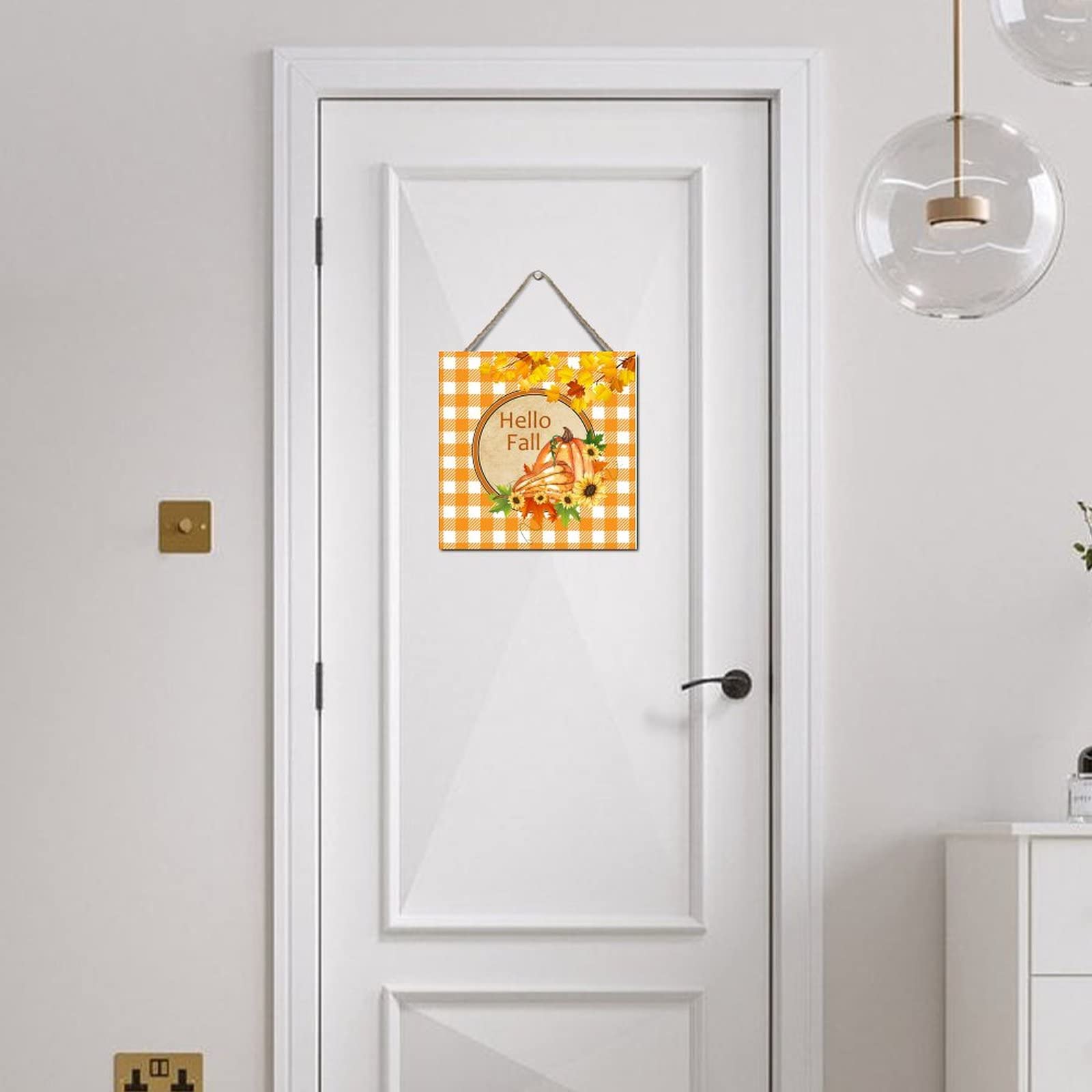 Farmhouse Wood Wall Sign - 12x12in Hello Fall Decor with Pumpkin & Sunflowers, Orange & White Buffalo Check Plaid - Thanksgiving, Autumn, Halloween Hanging Sign for Bedroom, Living Room, Porch, and Seasonal Home Decor