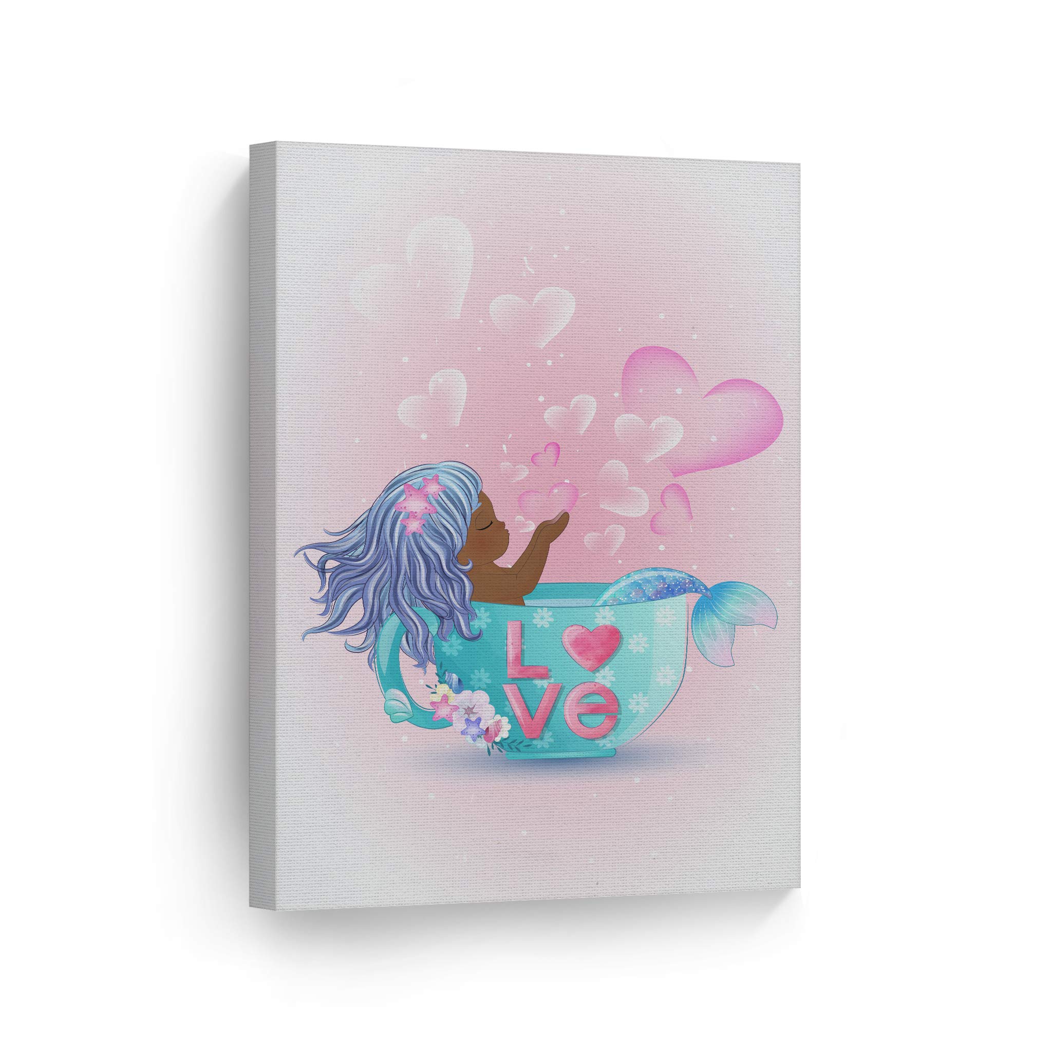 African American Mermaid in Coffee Cup Canvas Print - Blue Hair, Pink Background Wall Art for Kids Room, Nursery, Home Decor (40x30 Inch) | Perfect for Baby Gifts & Black Children's Bedroom Decor