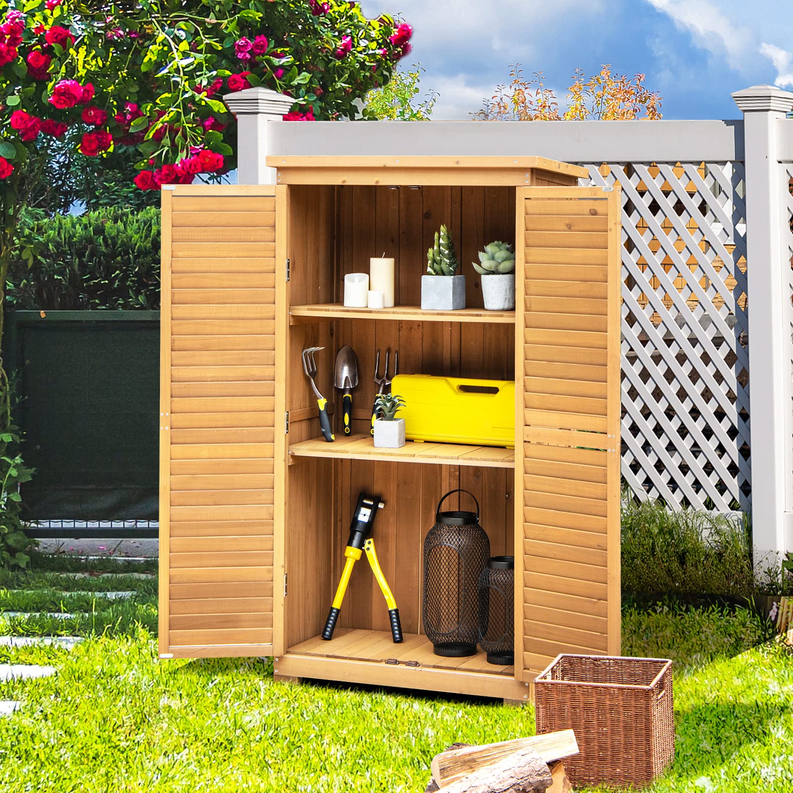 GOFLAME 63 Inch Outdoor Storage Cabinet with 3 Removable Shelves - Waterproof Wooden Garden Shed, Adjustable Footpads & Latch - Vertical Tool Storage for Porch, Deck, Backyard, Patio (Great for Storing Gardening Tools, Outdoor Equipment & Seasonal Items)