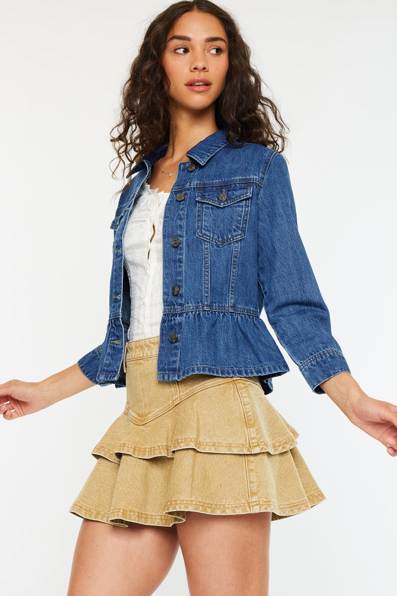 Marilou Peplum Denim Jacket for Women - Stylish Distressed Denim Coat with Ruffled Hem | Perfect for Casual Outings, Date Nights & Spring Layering