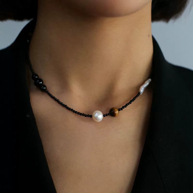 Black Agate and Tiger Eye Stone Necklace for Women - Natural Gemstone Jewelry for Protection & Strength - Perfect for Meditation, Yoga & Spiritual Healing