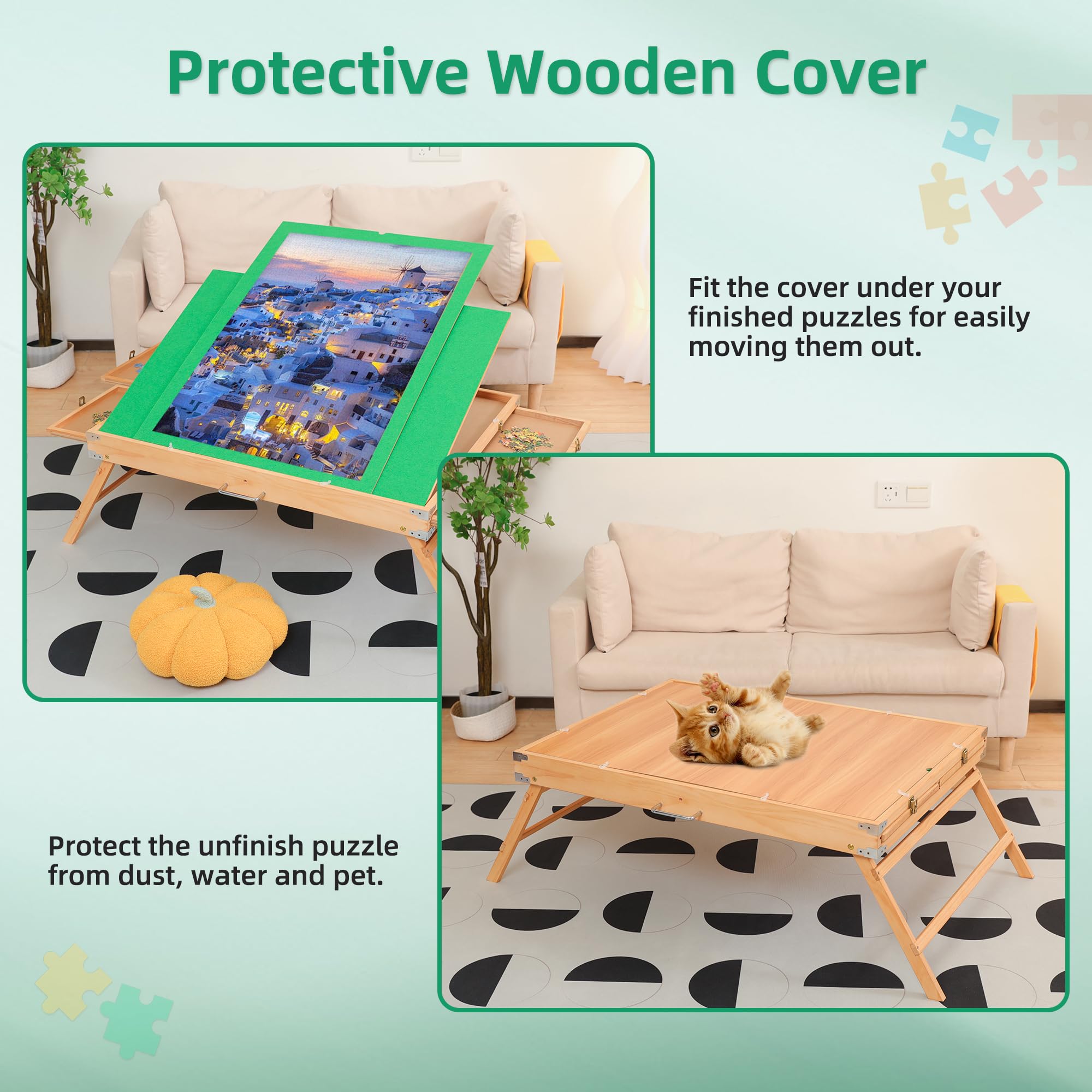 Fanwer Wooden Jigsaw Puzzle Table for Adults - Portable Large Puzzle Board with 2 Sliding Drawers, Tilting Surface & Non-Slip Design - Holds Up to 1000 Pieces - Perfect for Family Game Nights, Relaxation & Puzzle Enthusiasts