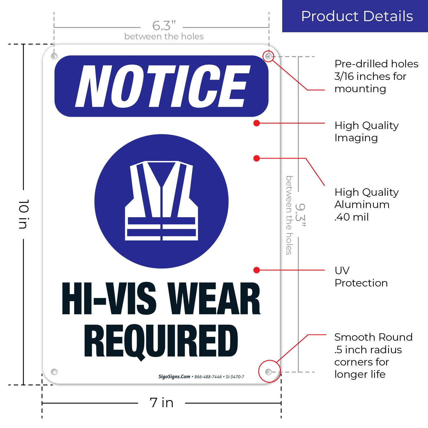 Hi-Vis Wear Required OSHA Sign - 10x7 Inches, Rust-Free .040 Aluminum, Fade-Resistant for Indoor/Outdoor Use - Made in USA - Perfect for Construction Sites, Warehouses & Safety Zones