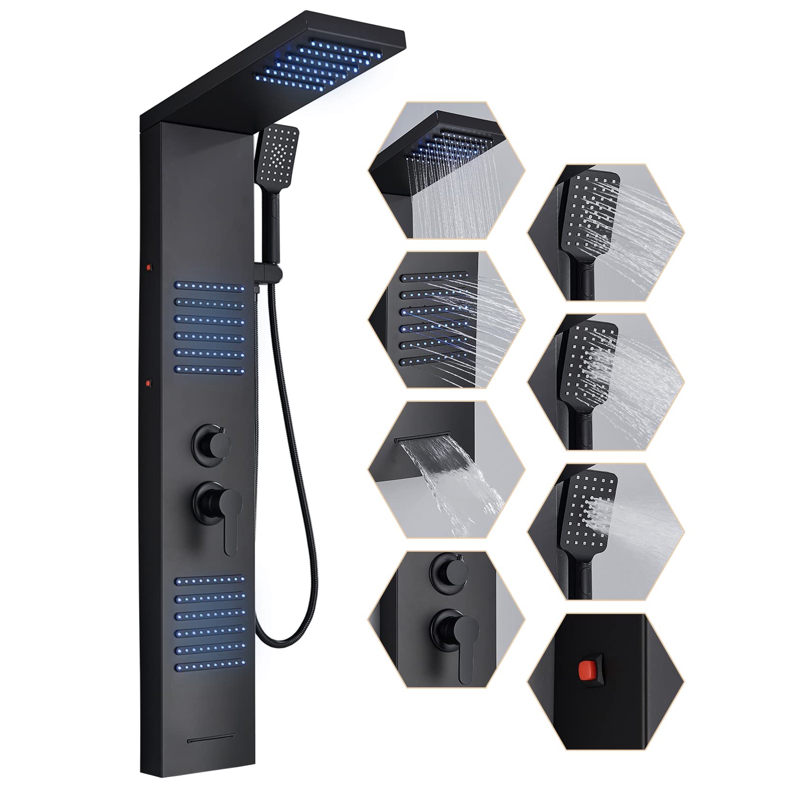 FCOTEEU Luxury Stainless Steel Shower Panel Tower System - LED Shower Jets, 3-Setting Handheld Spray & Rain Shower Head for Full Body Wash | Modern Bathroom Upgrade for Spa-Like Experience