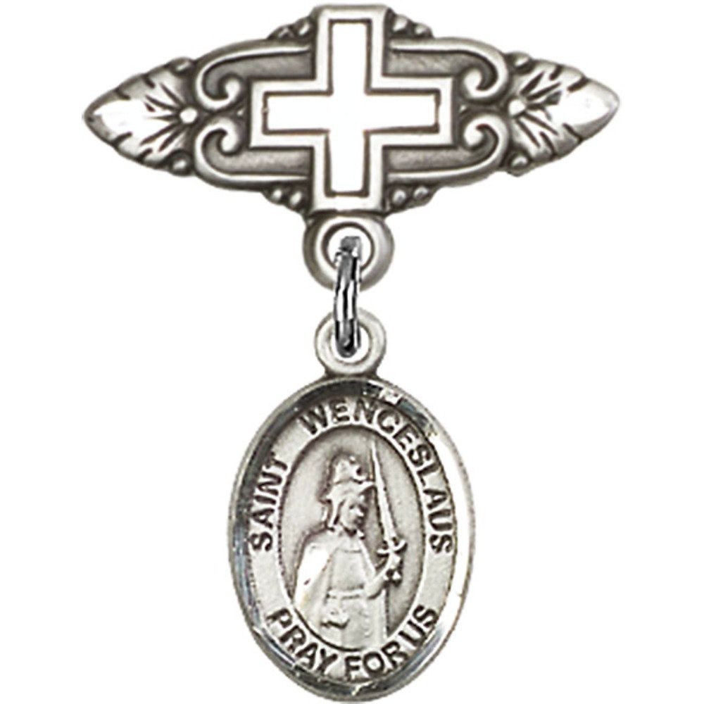 St. Wenceslaus Sterling Silver Baby Badge with Cross Charm - 1 X 3/4 Inch Religious Pin for Christening, Baptism & First Communion Gifts