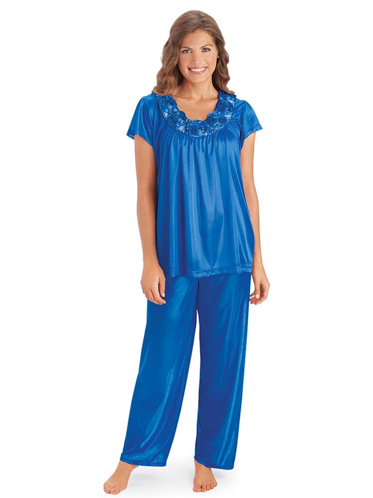 Collections Etc Rose Trim Short Sleeve Pajama Set for Women - Soft & Comfortable Sleepwear for Nighttime Relaxation & Lounging
