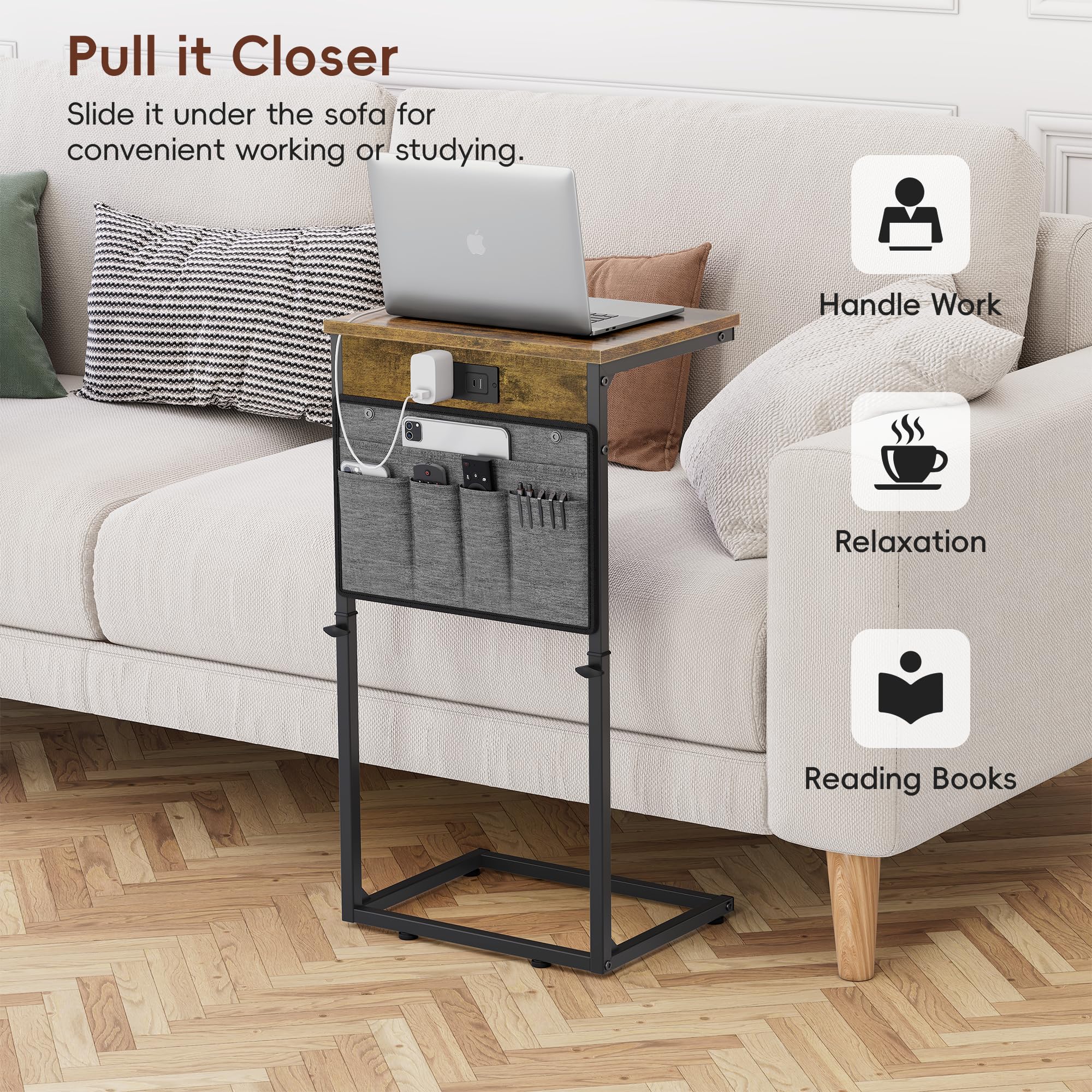 Vagusicc Adjustable Height C-Shaped End Table with USB Charging Station - 33