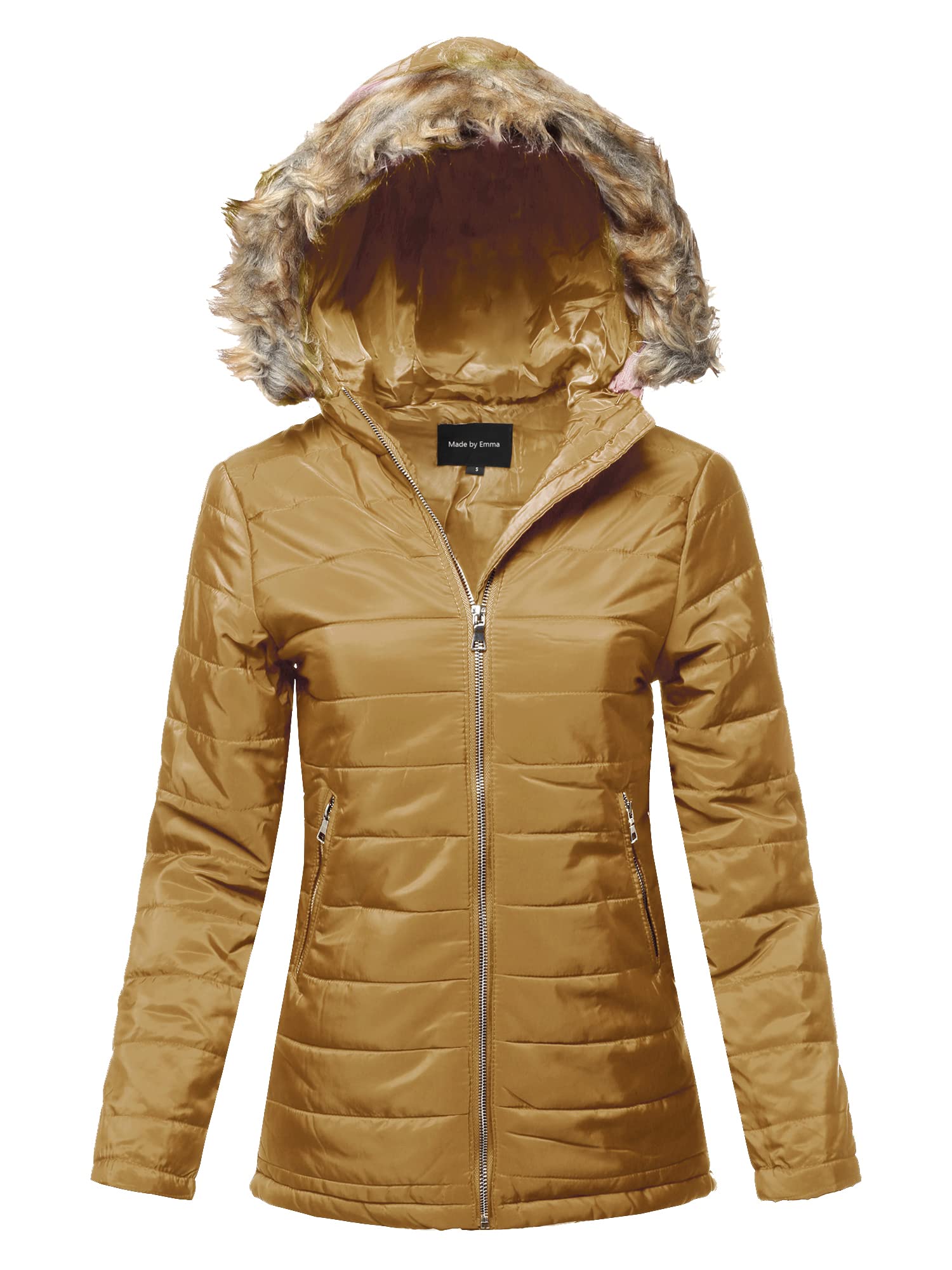Emma Women's Detachable Fur Trim Hooded Puffer Jacket - Stylish Belted Winter Coat for Casual Outfits & Outdoor Activities