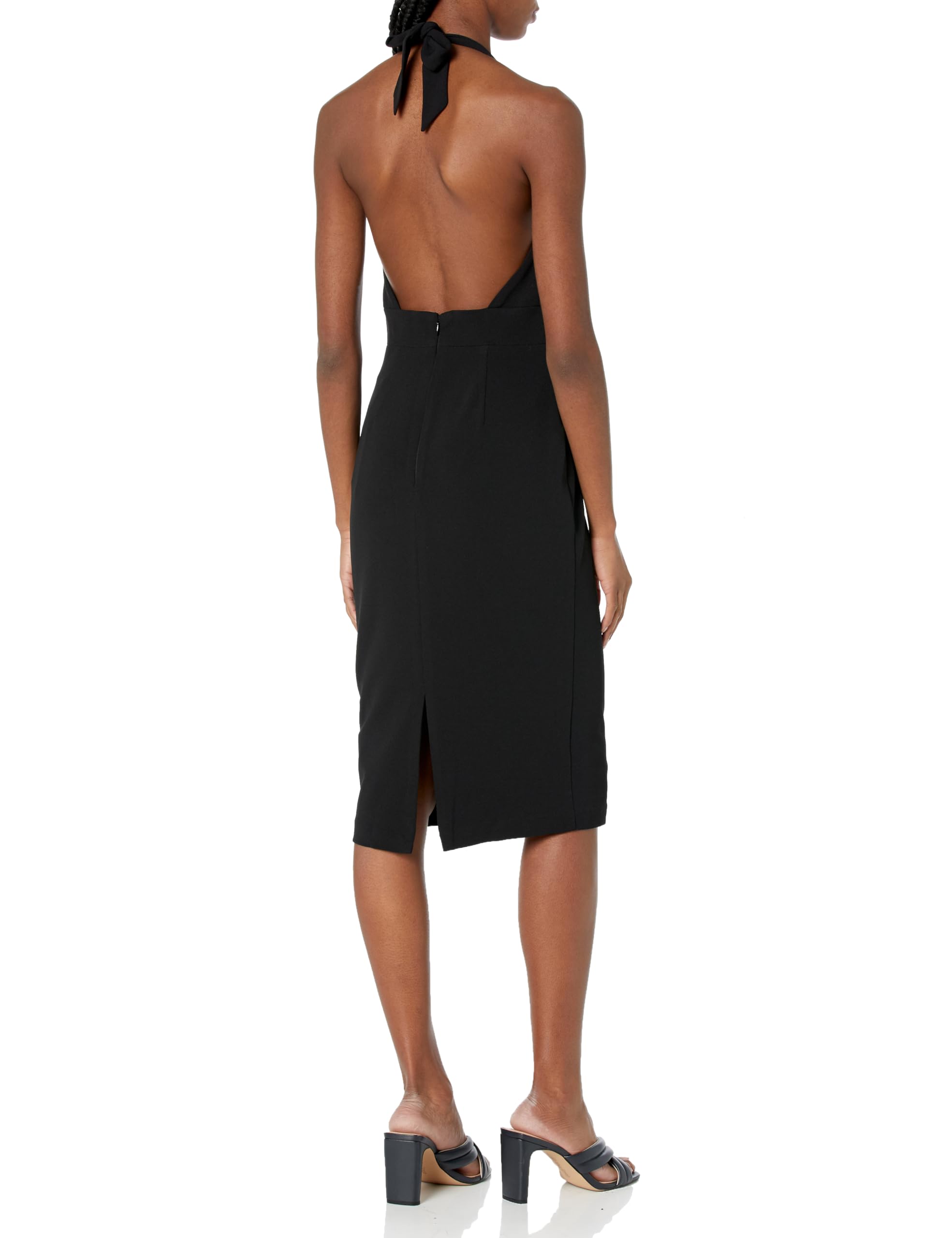 Dress the Population Women's Vanessa Deep V Plunge Neckline Halter Bodycon Midi Dress - Perfect for Cocktail Parties, Date Nights & Special Occasions