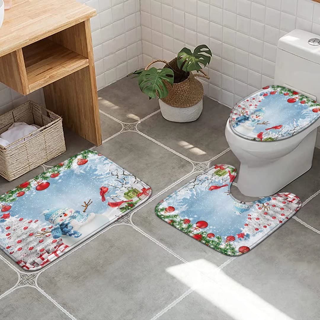 Waterproof Christmas Snowman Shower Curtain Set with Non-Slip Bath Rugs, Toilet Lid Cover & Bath Mat - Holiday Bathroom Decor Accessories for Festive Home Decor
