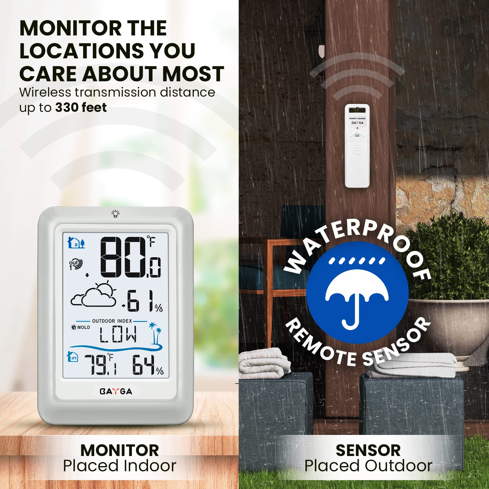 BAYGA Wireless Indoor Outdoor Thermometer - Digital Weather Station with 330ft Range Remote Sensor, Temperature & Humidity Monitor, Heat/Dew/Mold Index, 10s Backlight - Perfect for Home, Greenhouse, Baby Room & Weather Monitoring