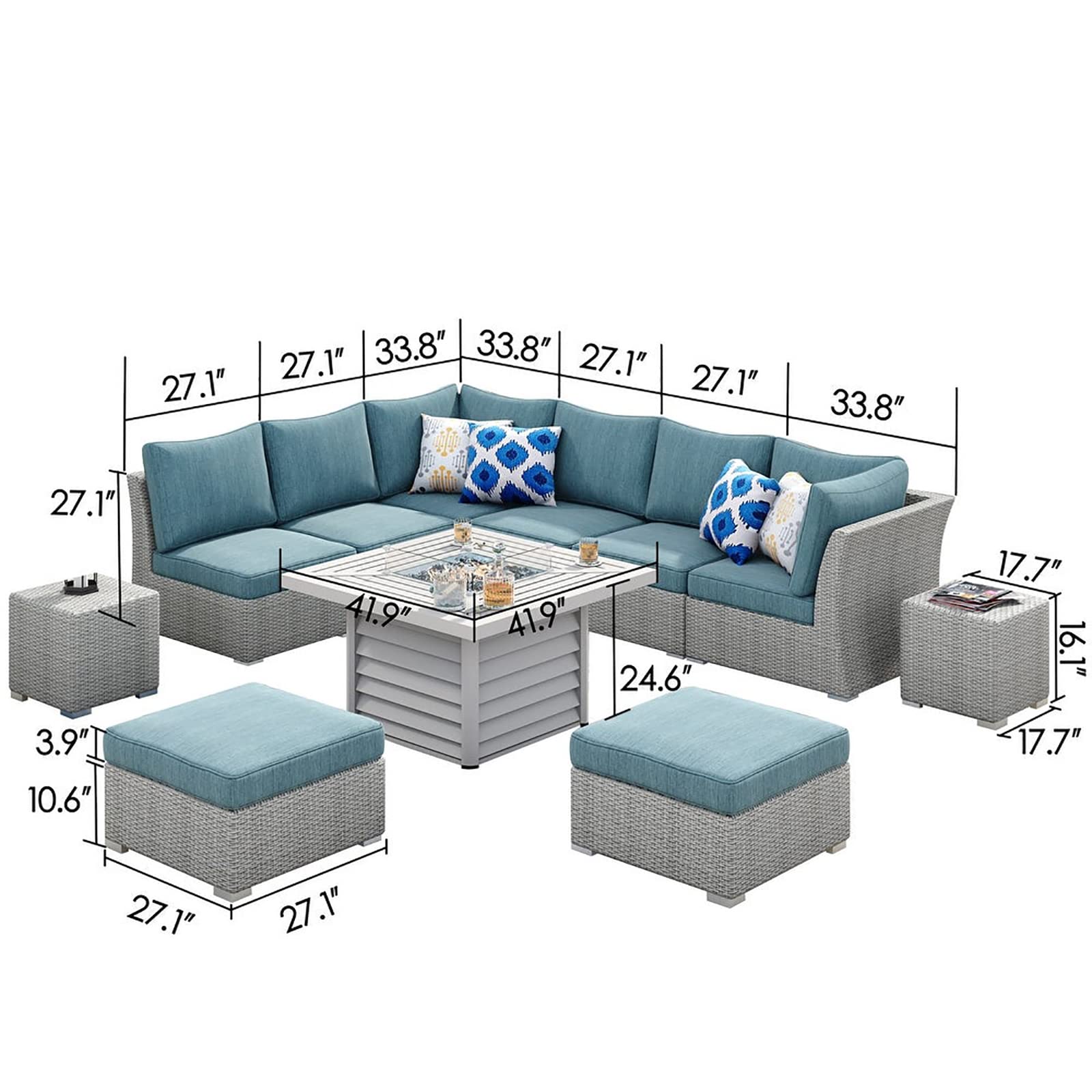 11-Piece Large Outdoor Patio Furniture Set with Fire Pit Table - 8-Seater All-Weather Wicker Conversation Set (6 Sofa Seats, 2 Ottomans & 2 Coffee Tables) for Backyard, Deck, Garden & Poolside Relaxation