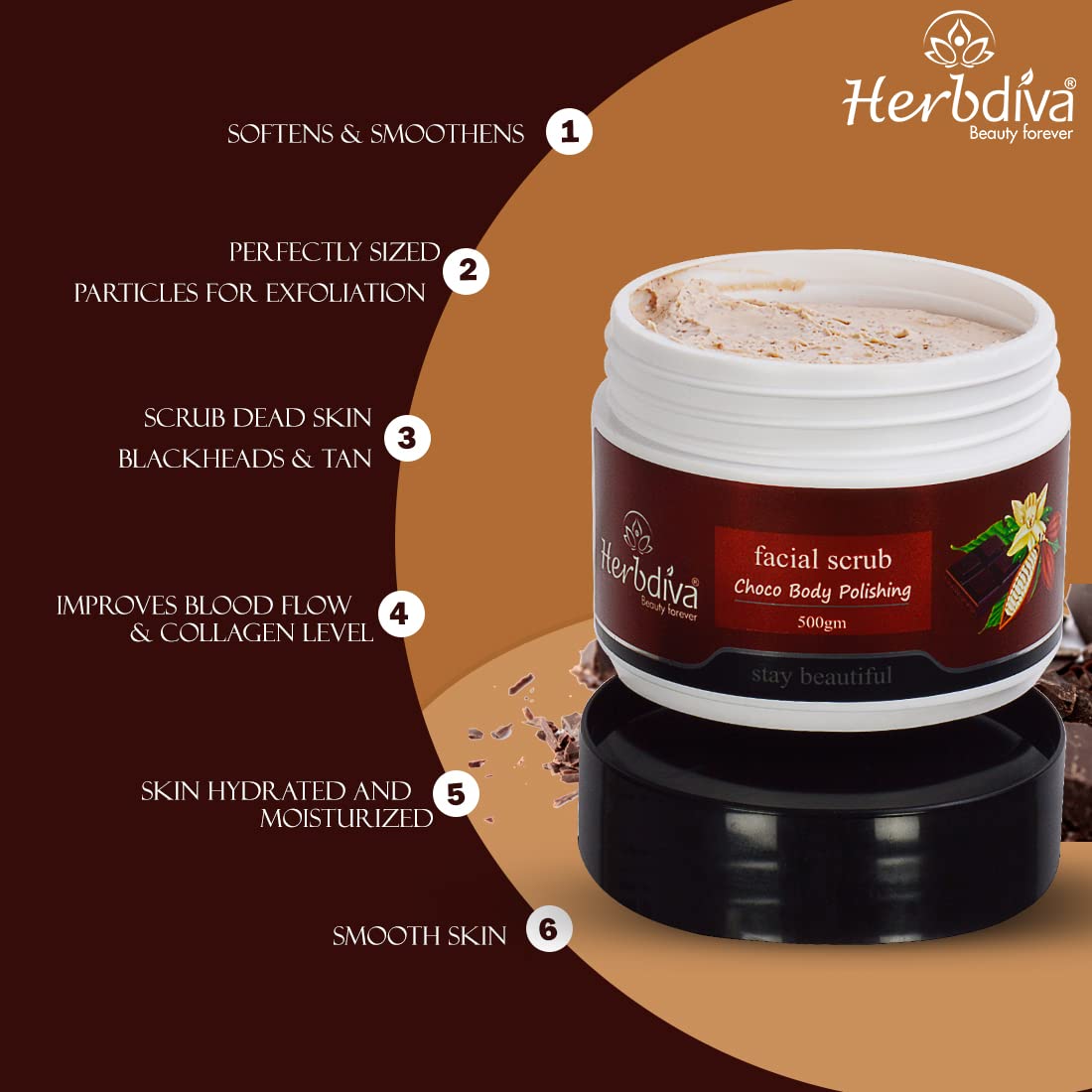 Herbdiva Choco Body Polishing Facial Scrub 500GM - Exfoliating Scrub for Tan Removal, Blackhead & Dirt Cleanser - Enriched with Sweet Almond Oil & Vitamin C for Soft, Smooth Skin - Perfect for Spa Day & At-Home Skincare Routine