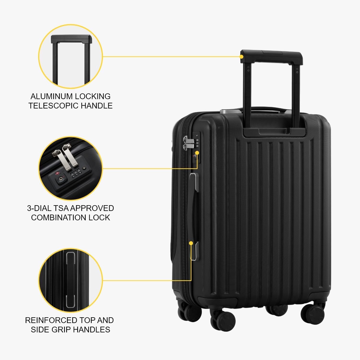 LEVEL8 Grace 20-Inch Expandable Hardside Carry On Luggage - Airline Approved ABS+PC Suitcase with 360° Wheels & TSA Lock (Black) - Perfect for Business Travel, Weekend Getaways & Airplane Cabin Storage