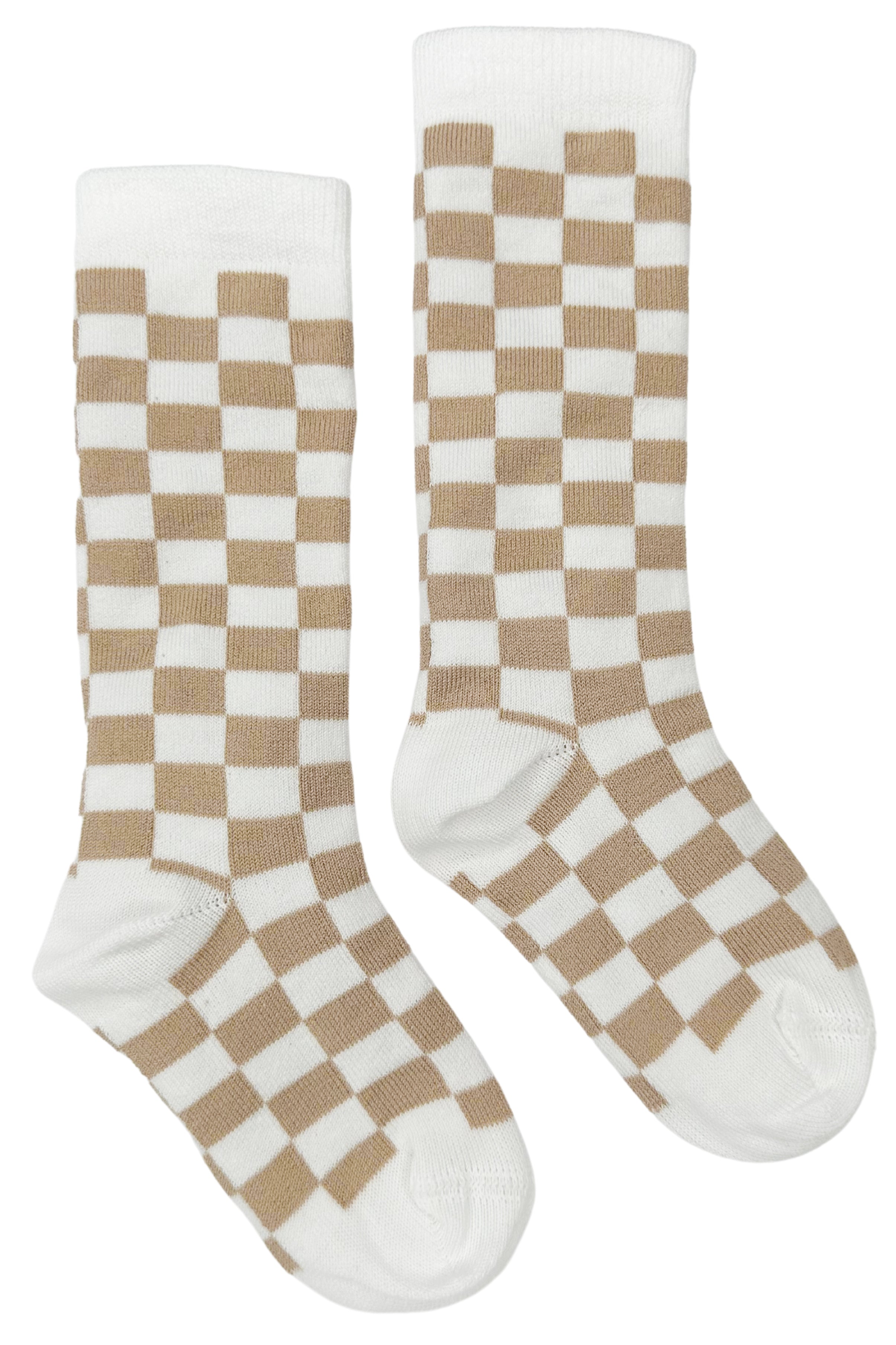 Beige Checkerboard Knee High Socks for Women - Trendy Fall Fashion, Cute Crew Socks for Outfits, School, Work & Casual Wear